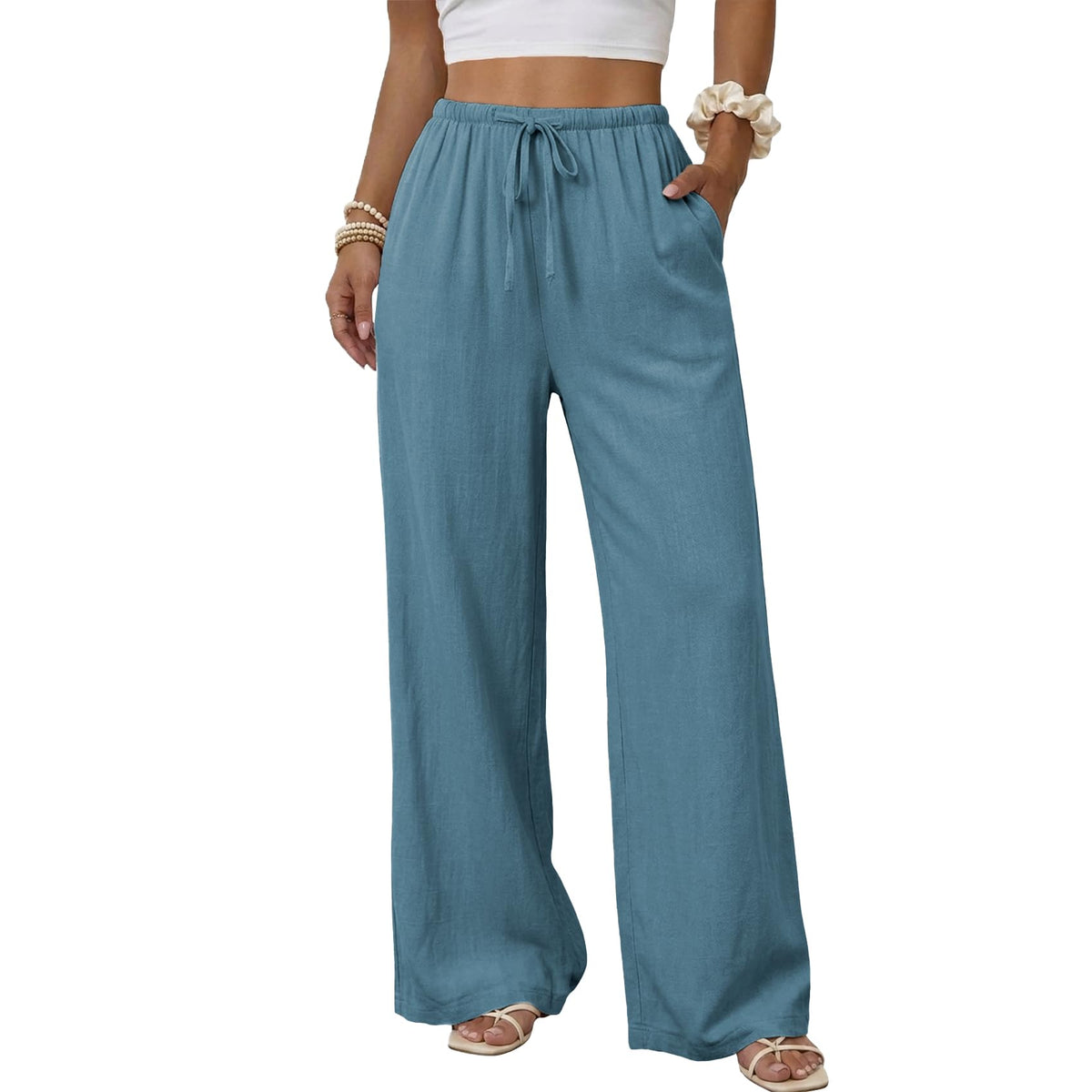 Duyang Womens Cotton Linen Palazzo Pants Drawstring Elastic Waist Casual Wide Leg Trousers with Pockets