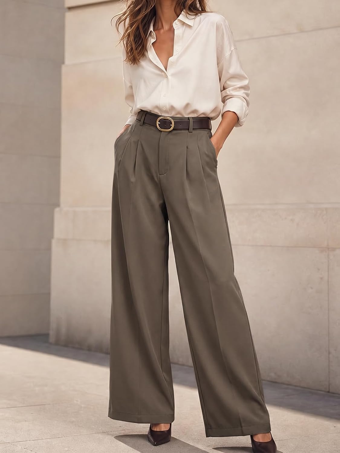 Cicy Bell Womens Wide Leg Dress Pants Business High Waisted Pleated Pants
