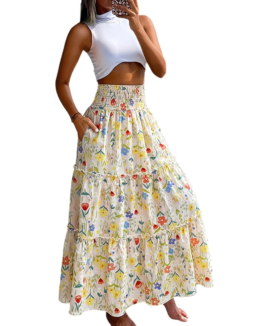 CHICME Women's Boho Floral Summer Maxi Skirt with Pockets Vacation Outfit