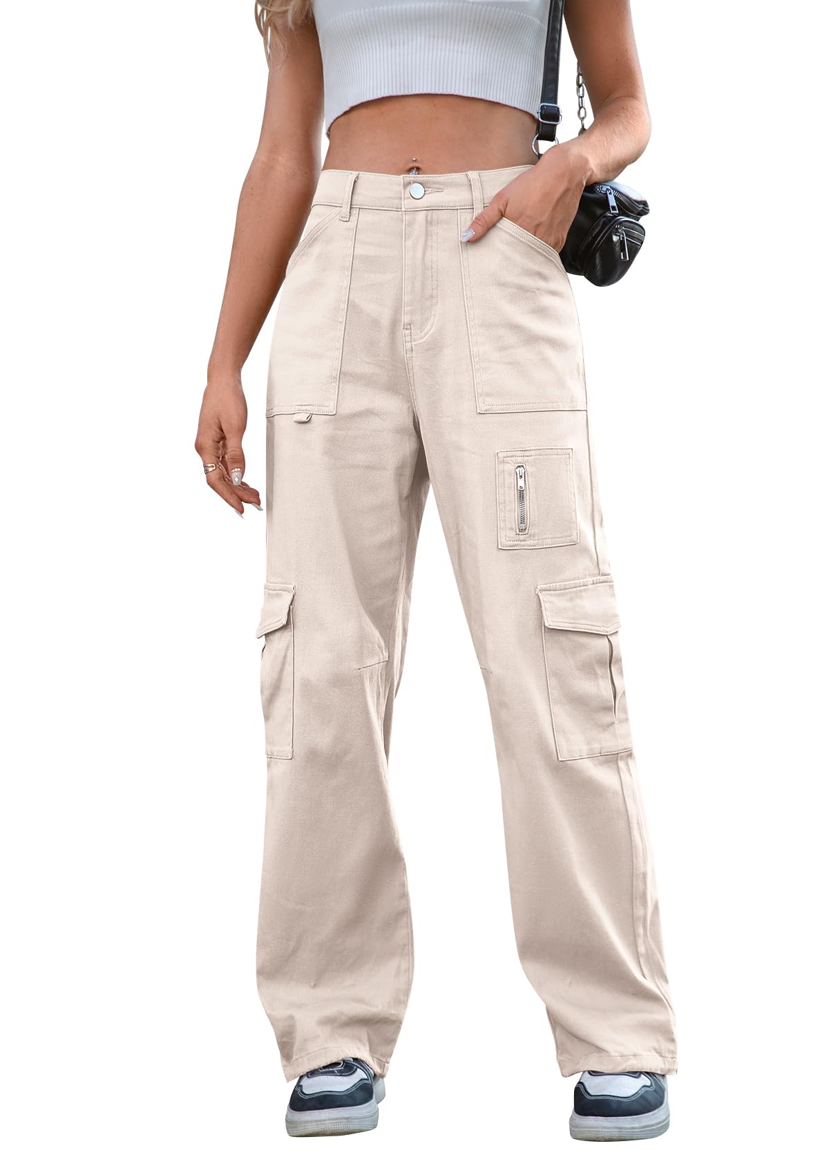 IVIR Cargo Pants Women High Waist Wide Leg Casual Pants with 7 Pockets Stretchy Drawstring Baggy Y2K Trousers