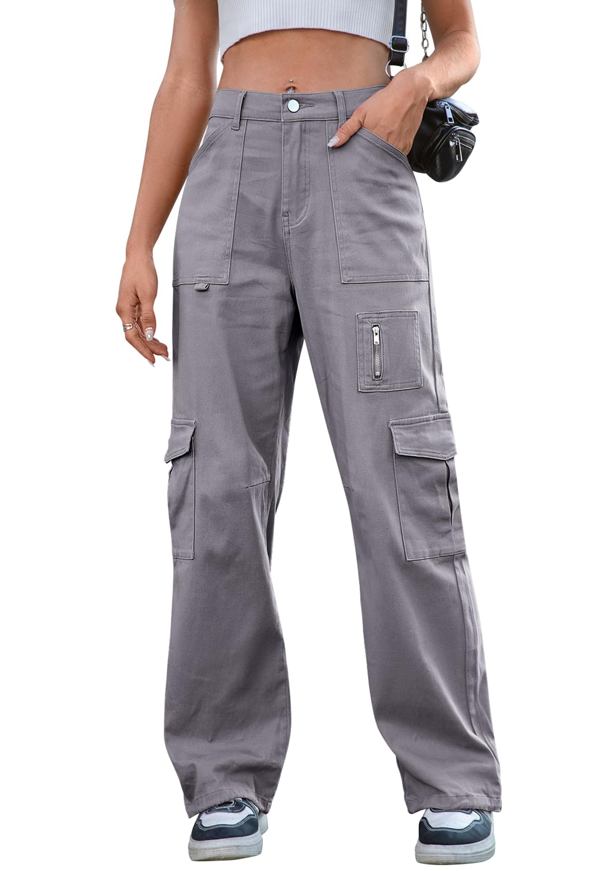 IVIR Cargo Pants Women High Waist Wide Leg Casual Pants with 7 Pockets Stretchy Drawstring Baggy Y2K Trousers
