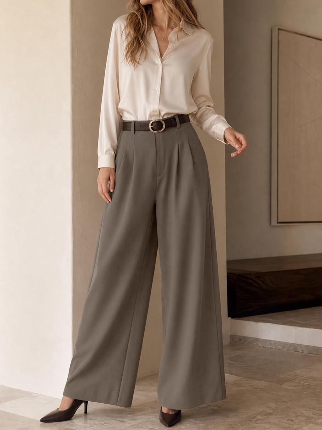 Cicy Bell Womens Wide Leg Dress Pants Business High Waisted Pleated Pants