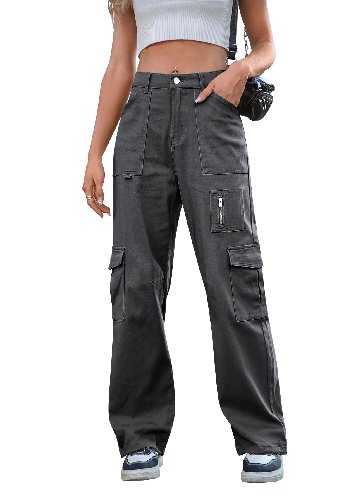 IVIR Cargo Pants Women High Waist Wide Leg Casual Pants with 7 Pockets Stretchy Drawstring Baggy Y2K Trousers