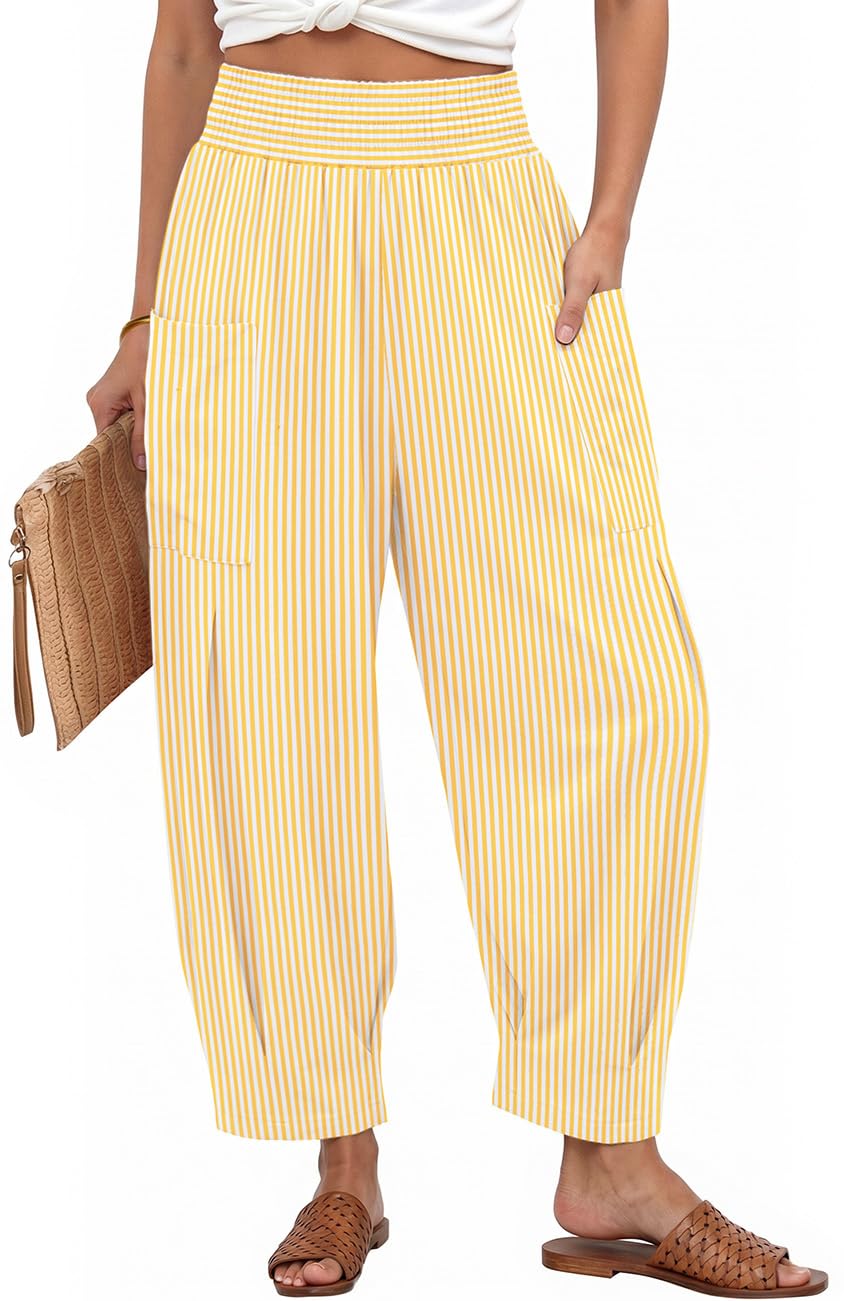 TARSE Women's Linen Gingham Pants Baggy High Waist Palazzo Pants