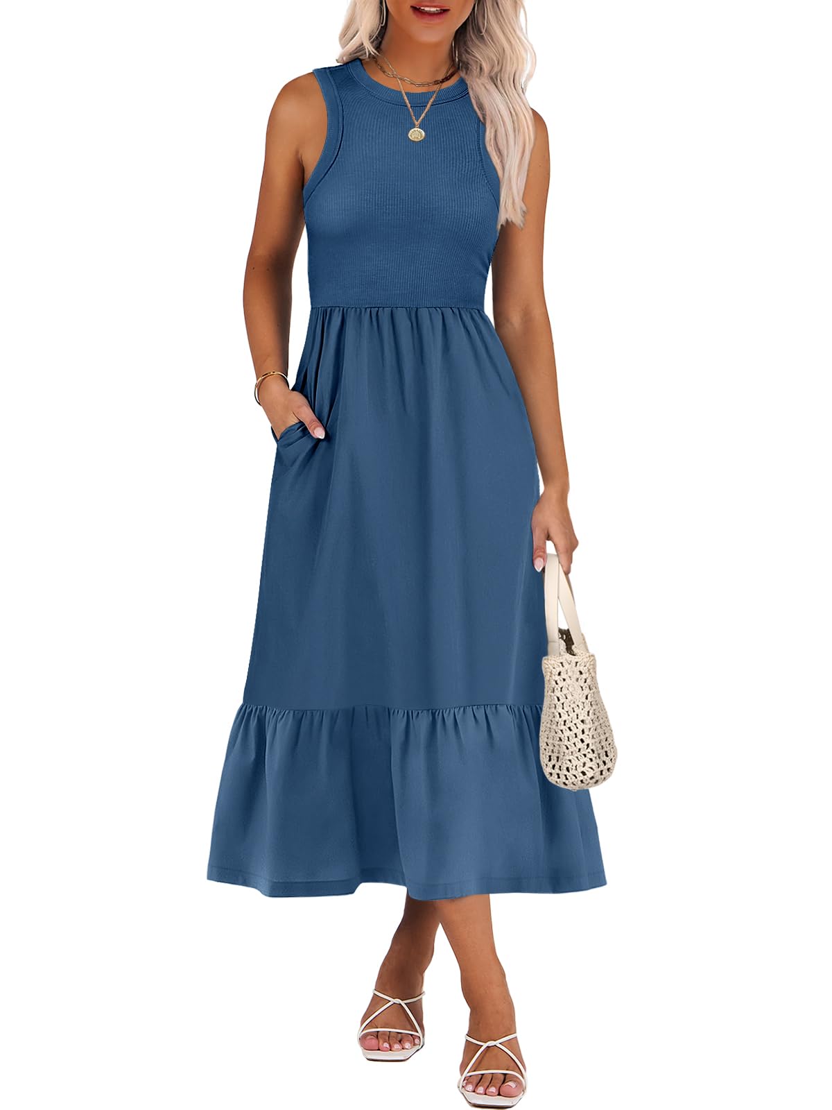 ANRABESS Womens Summer Dresses Casual Beach Tank Midi Sundress with Pockets
