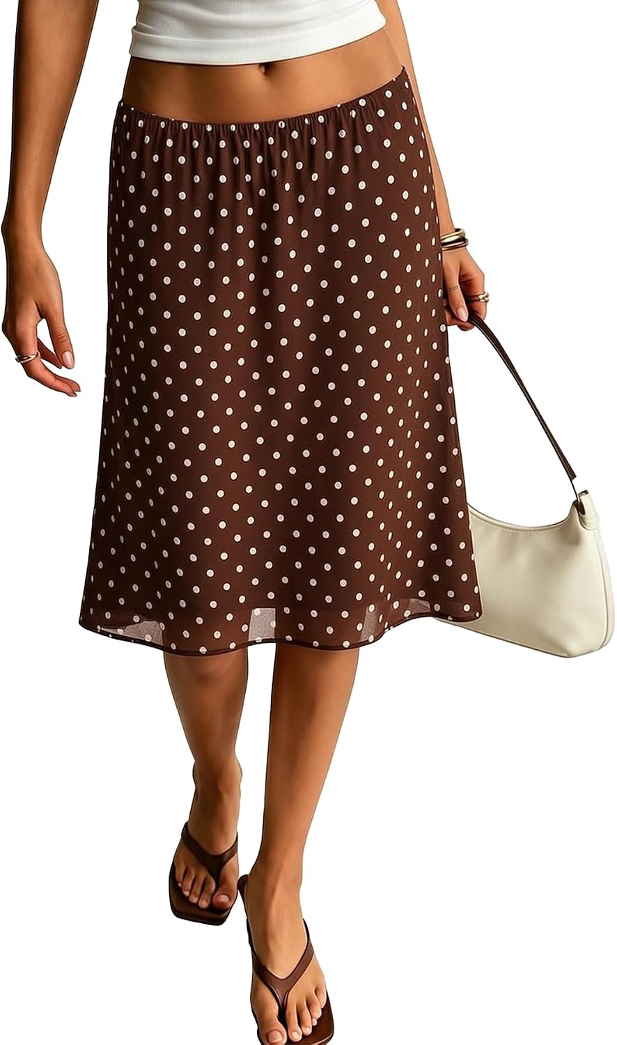 ELLEVEN Low Rise Midi Skirts for Women， Polka Dot Knee Length Mesh Skirt