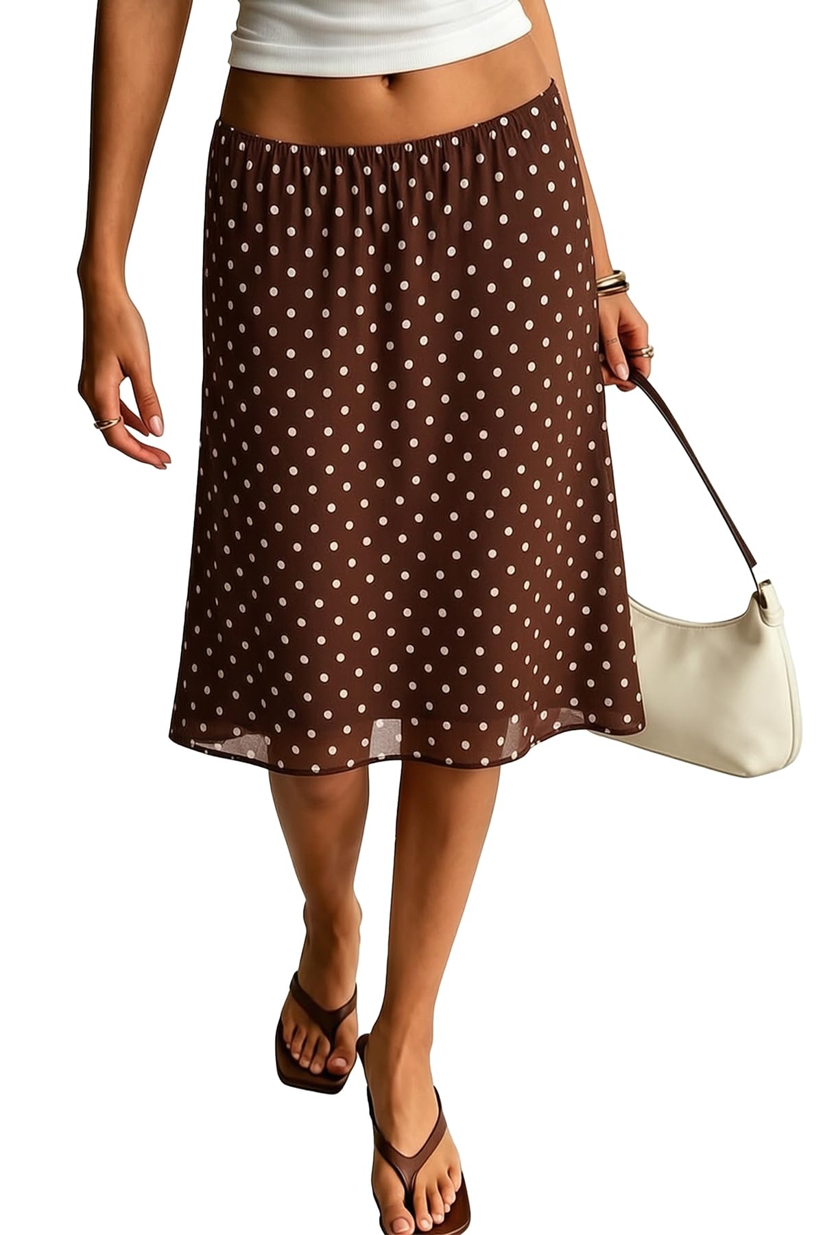 ELLEVEN Low Rise Midi Skirts for Women， Polka Dot Knee Length Mesh Skirt