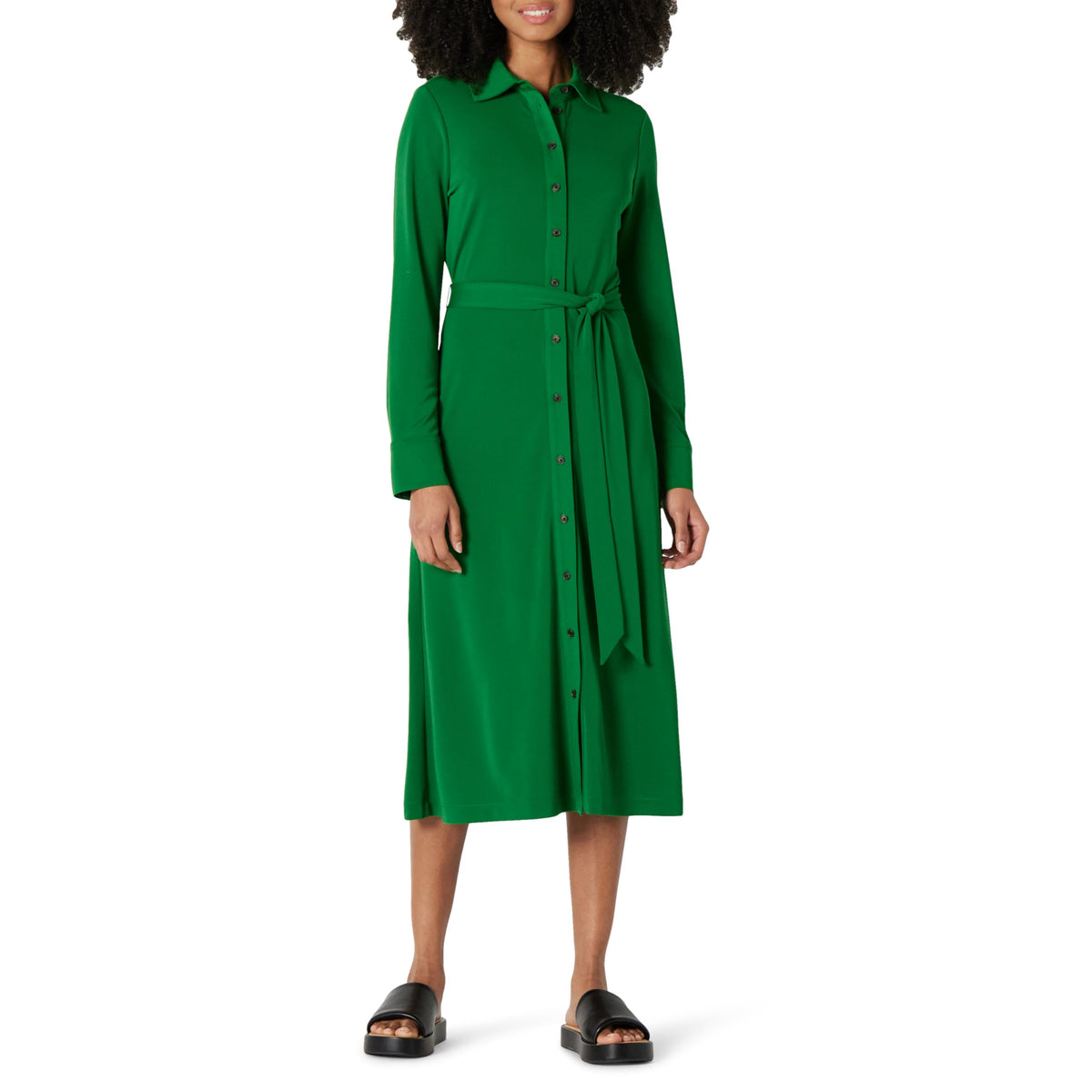 Amazon Essentials Women's Regular-Fit Matte Jersey Midi Length Dress with Classic Collar, Button Front, Removable Belt