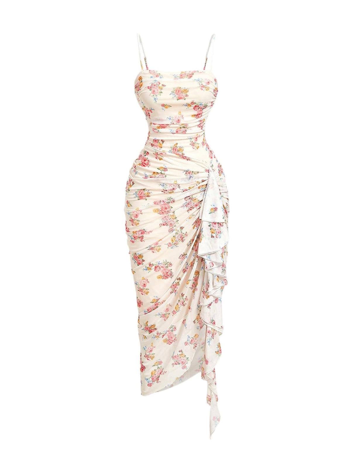 SOLY HUX Women's Floral Mesh Ruffle Hem Bodycon Midi Dress