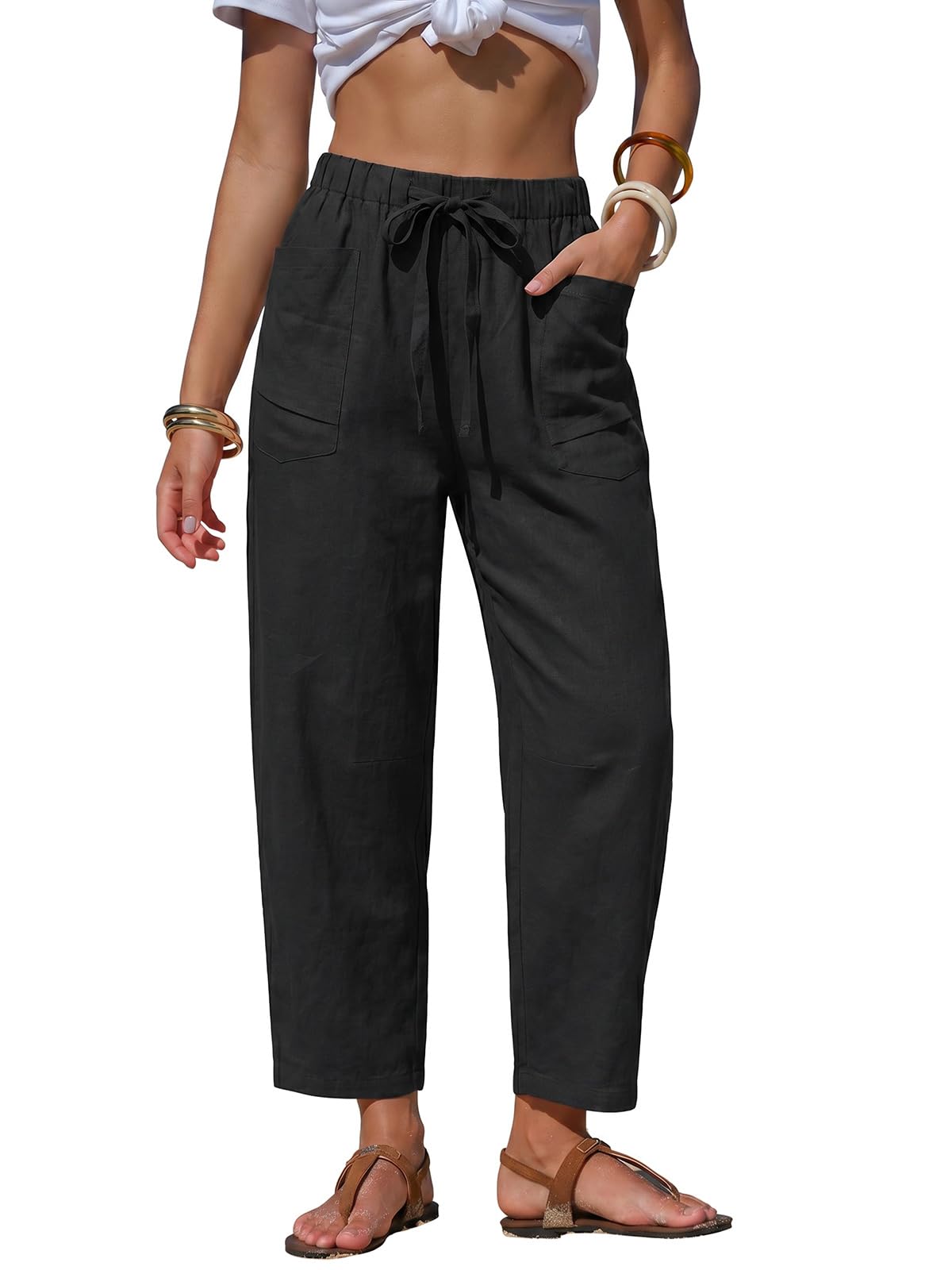EXLURA Womens Faux Linen Striped Barrel Capri Pants Drawstring Trousers