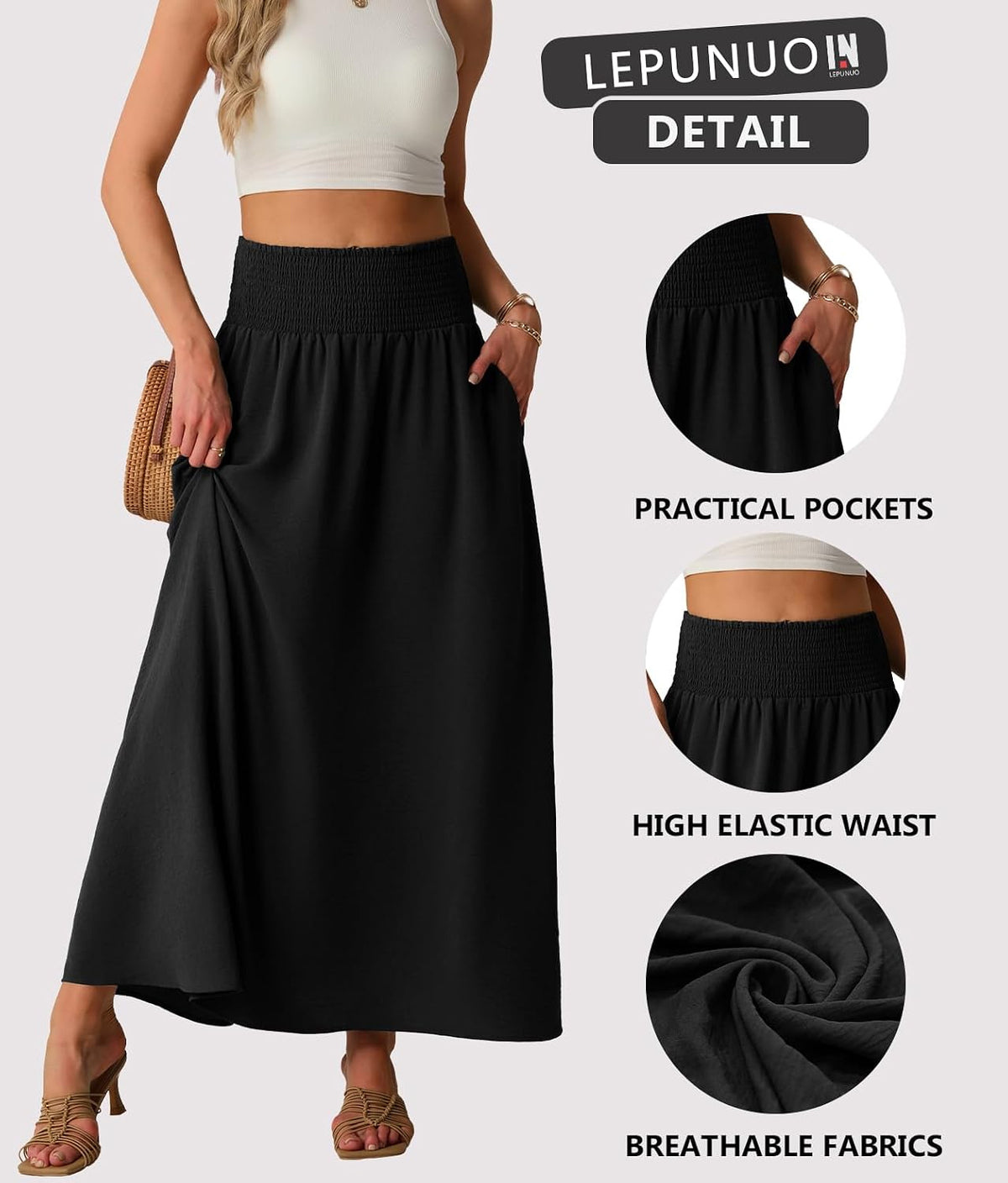 Lepunuo Maxi Skirts for Women Smocked Elastic High Waisted Casual Boho Swing Pleated Beach Long Skirts with Pockets
