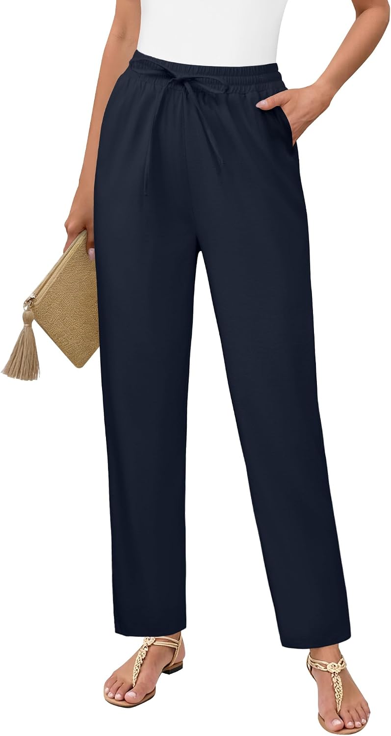 DLOODA Womens Linen Pants High Waisted Drawstring Casual Ankle Trousers
