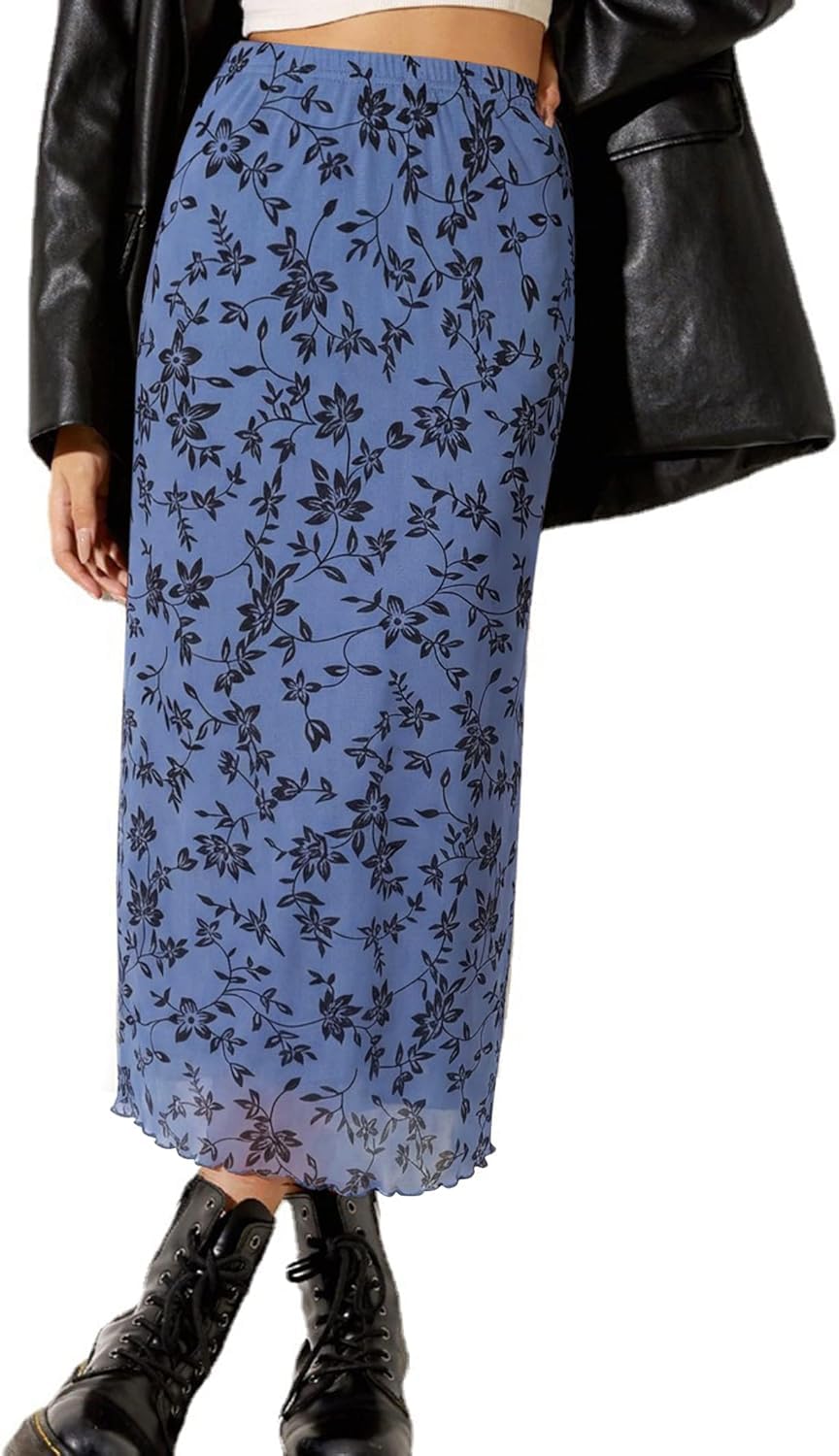 Avanova Women Mesh Floral Boho Midi Skirt High Waist Long Skirt