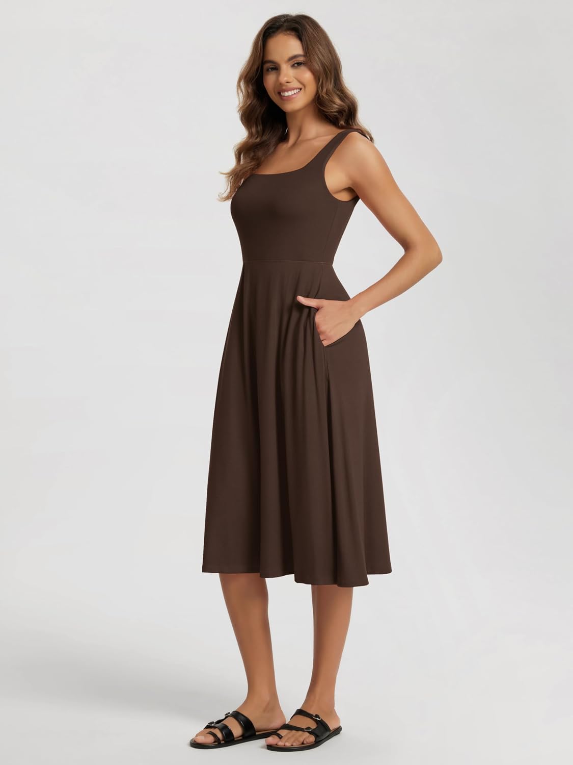 ODODOS Square Neck Midi Dress with Pockets for Women Summer Casual Sleeveless Sundress Flare Tank Dress