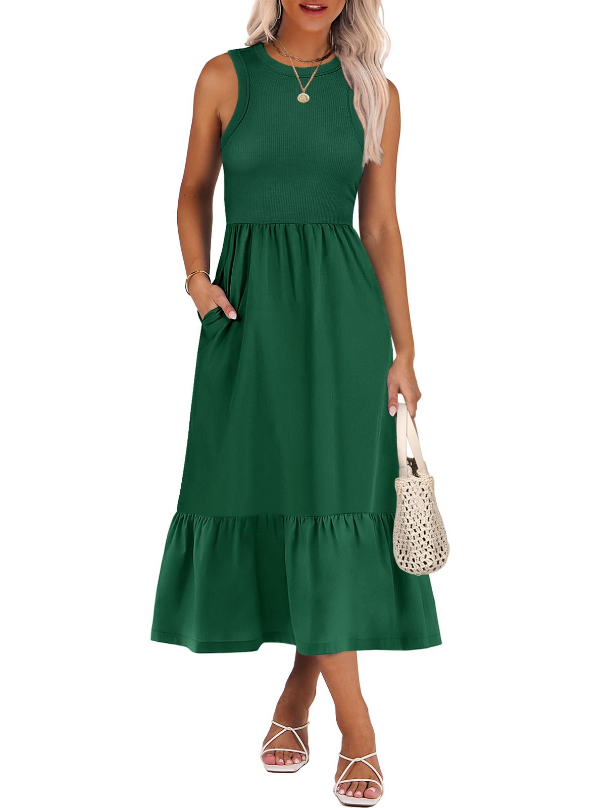 ANRABESS Womens Summer Dresses Casual Beach Tank Midi Sundress with Pockets