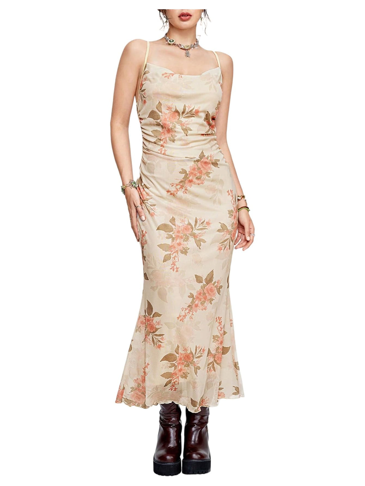 SOLY HUX Women's Floral Mesh Cami Dress Cocktail Wedding Guest Long Dresses