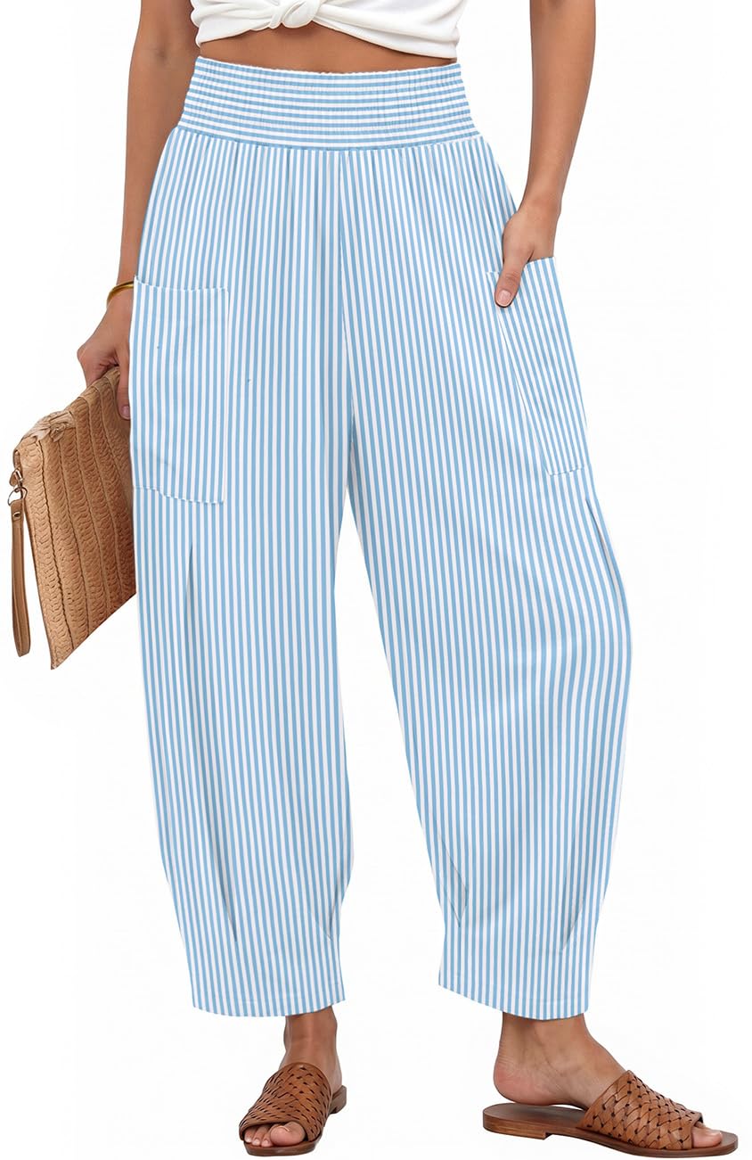 TARSE Women's Linen Gingham Pants Baggy High Waist Palazzo Pants