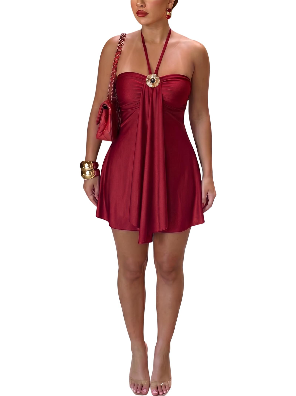 Women's Satin Halter Mini Dress Backless Flowy Vacation Going Out Dress