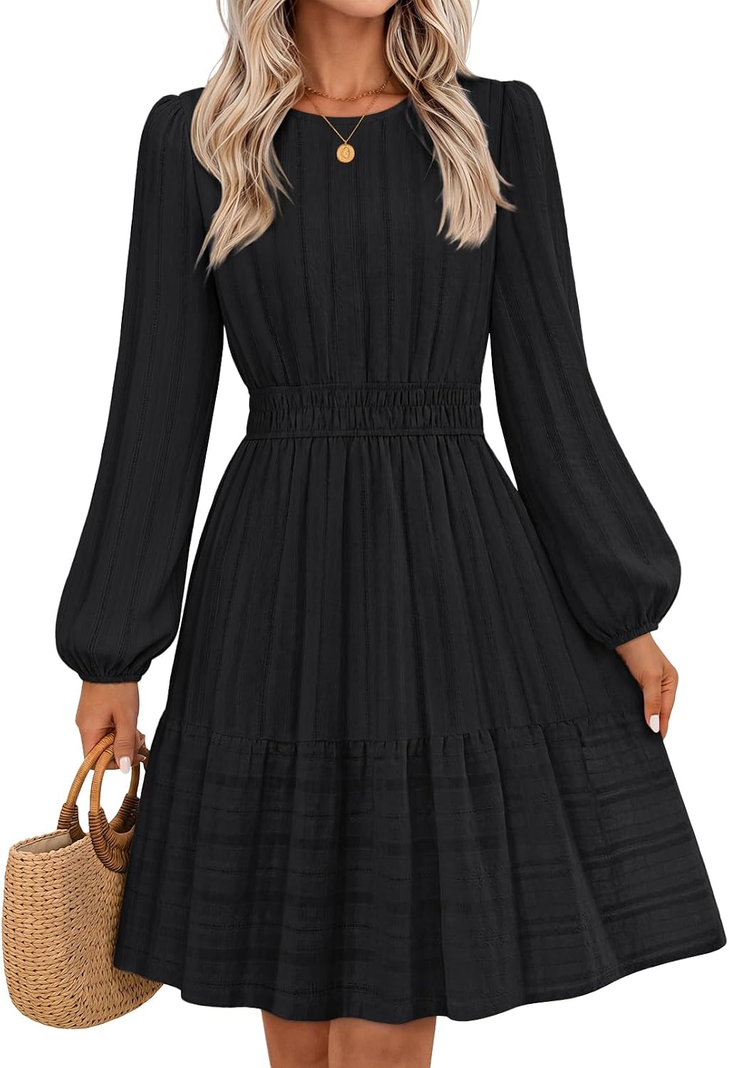 MEROKEETY Women's Fall Long Puff Sleeve Casual Boho Flowy Dress