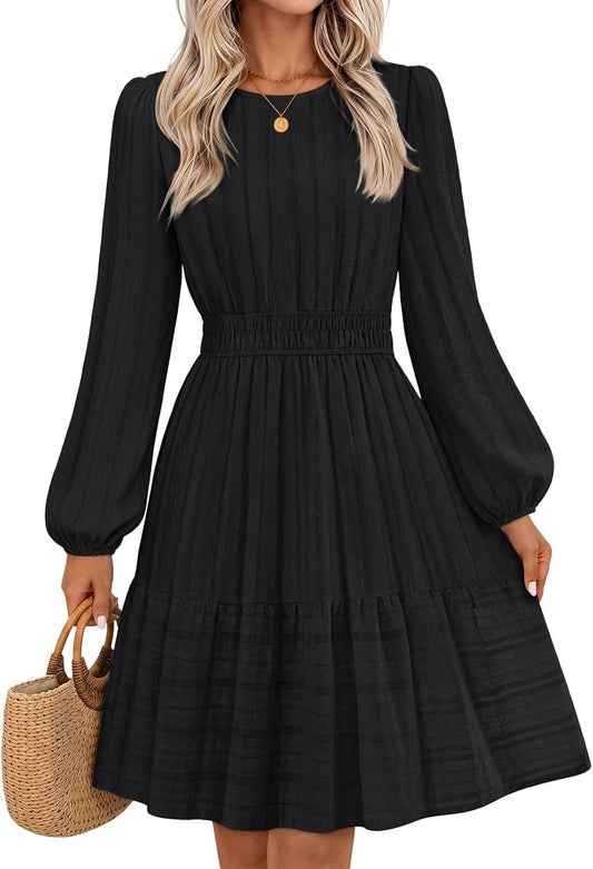 MEROKEETY Women's Fall Long Puff Sleeve Casual Boho Flowy Dress
