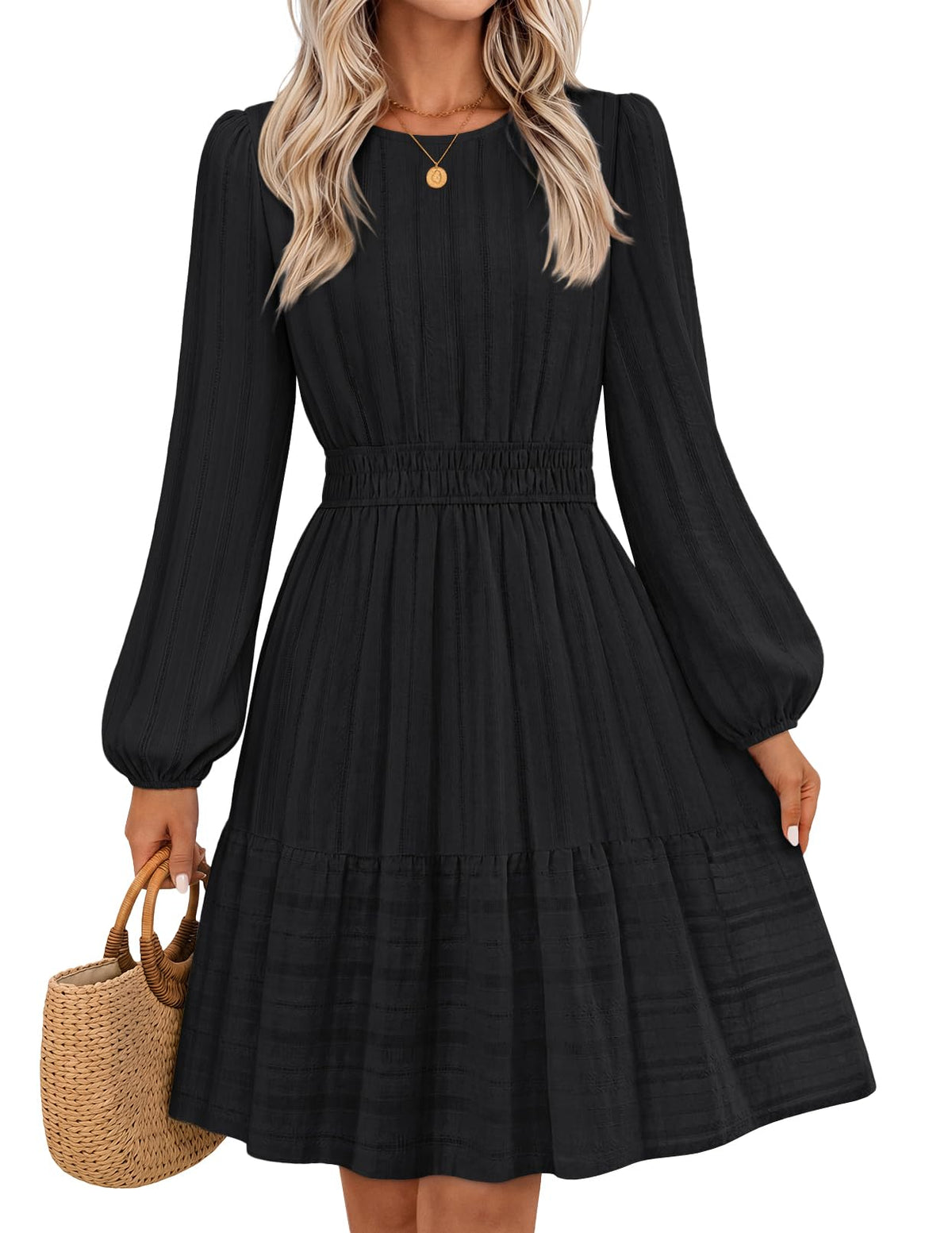 MEROKEETY Women's Fall Long Puff Sleeve Casual Boho Flowy Dress