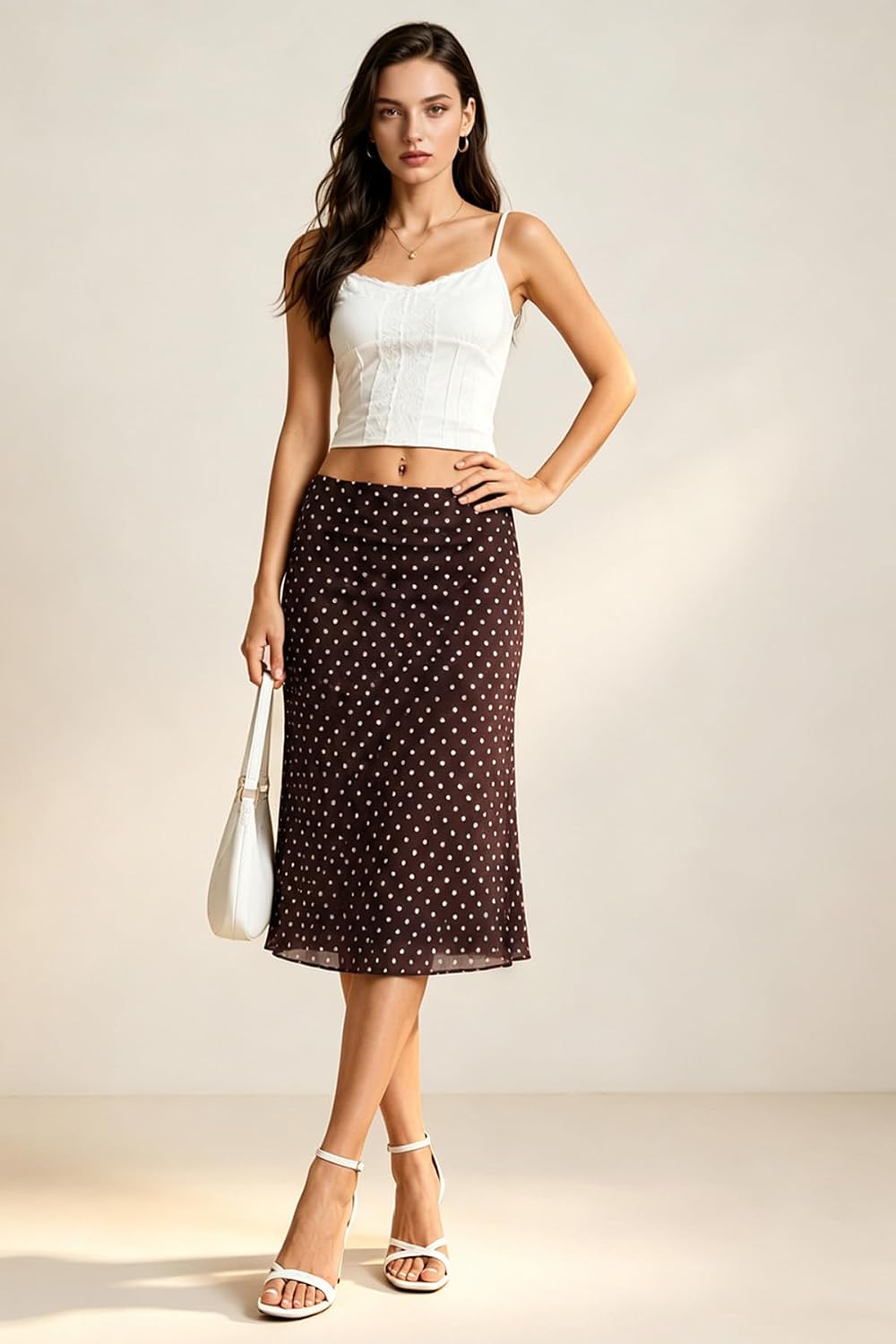 ELLEVEN Low Rise Midi Skirts for Women， Polka Dot Knee Length Mesh Skirt
