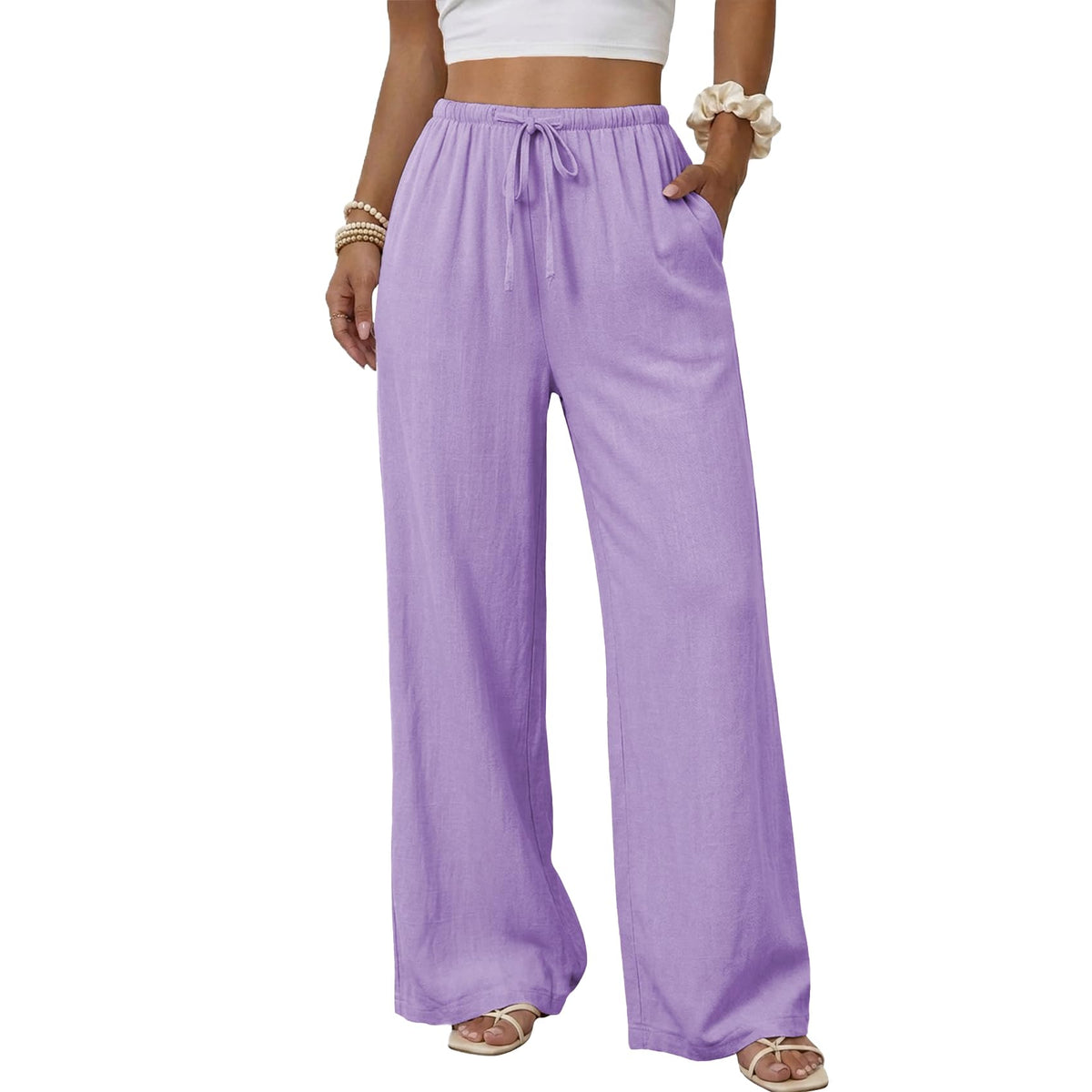 Duyang Womens Cotton Linen Palazzo Pants Drawstring Elastic Waist Casual Wide Leg Trousers with Pockets