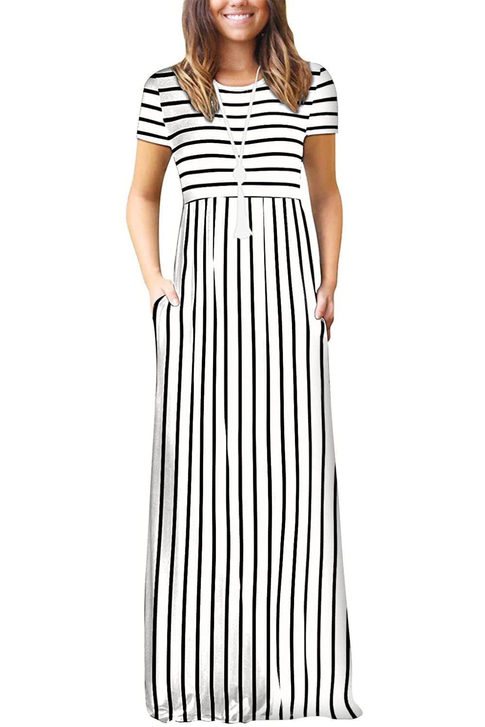DEARCASE Maxi Dress for Women Short Sleeve Casual Summer Loose Plain Comfy Long Dresses with Pockets