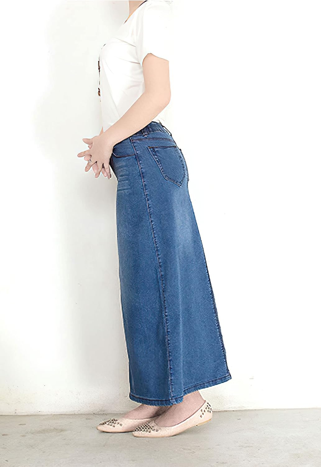 chouyatou Women's Casual Stretch Waist Washed Denim A-line Maxi Skirt