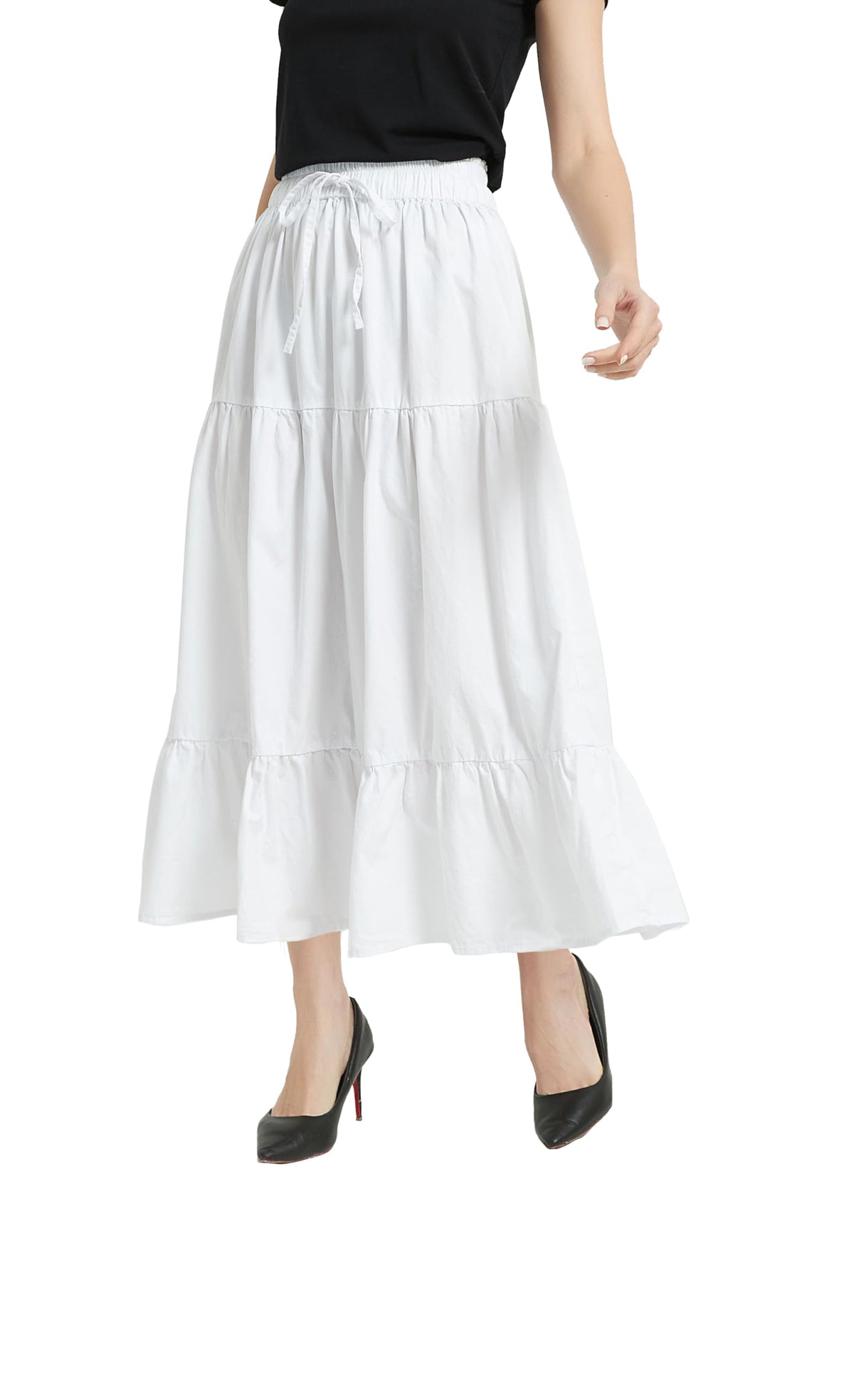 Tronjori Womens A Line Long Midi Denim Skirt Tired Layers with Drawstring