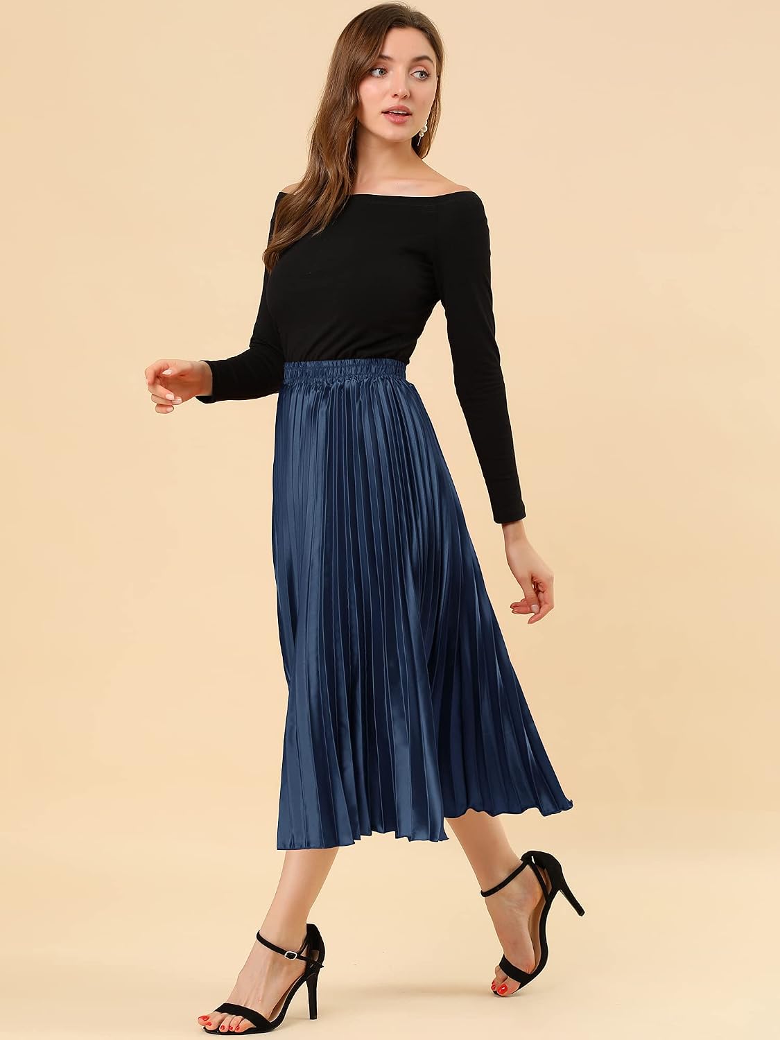 Allegra K Women Pleated Midi Skirt High Waisted Metallic Party Skirts