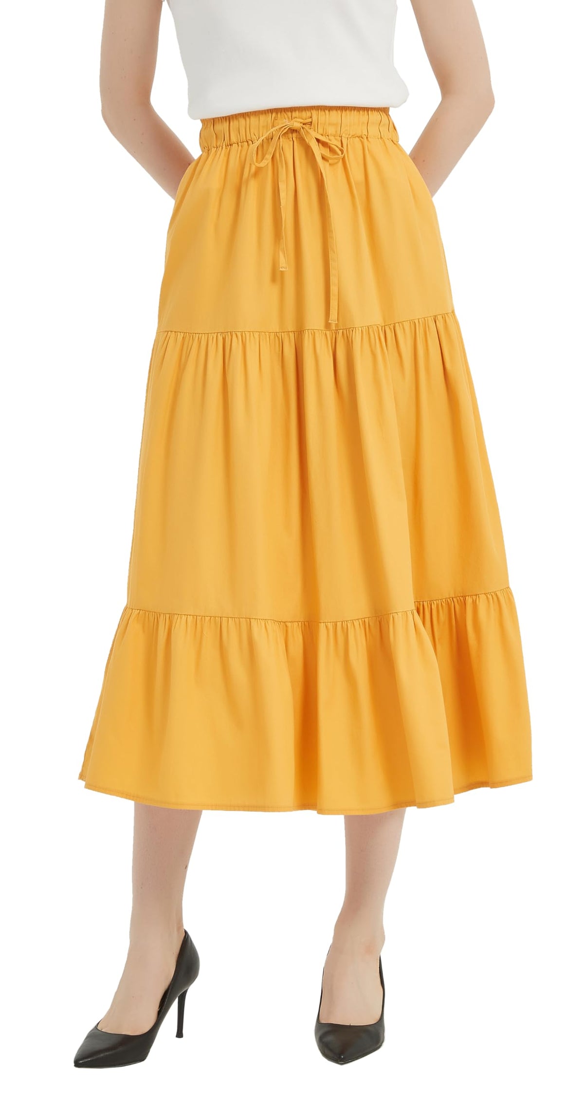 Tronjori Womens A Line Long Midi Denim Skirt Tired Layers with Drawstring
