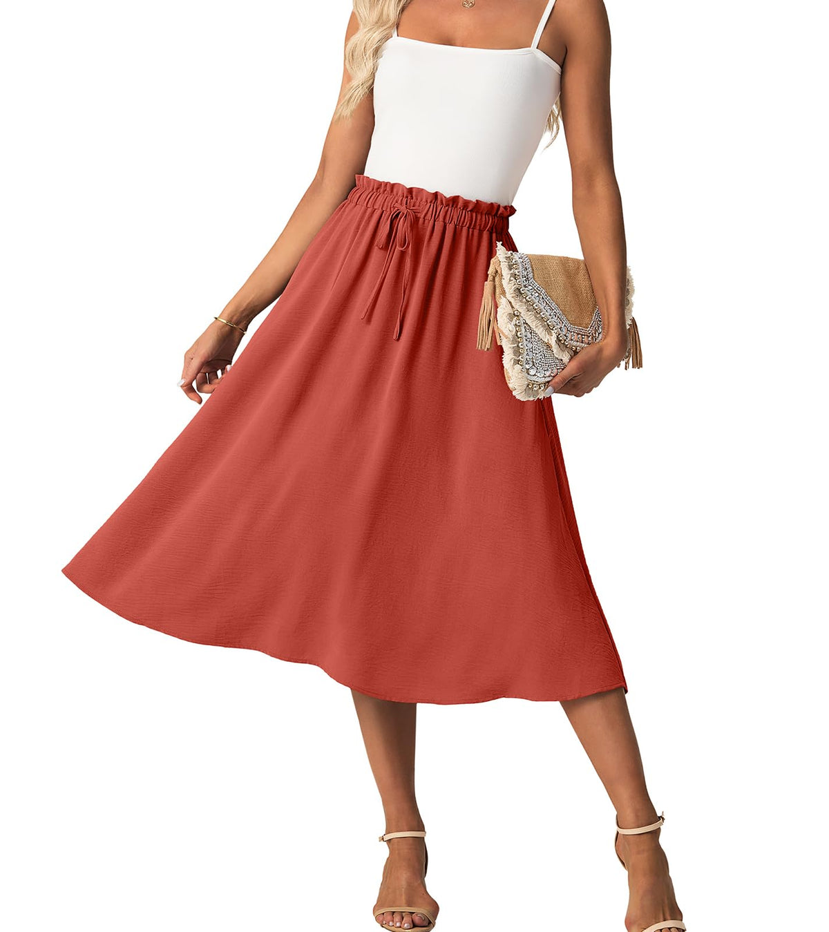 FREEOAK High Waist Skirts for Women Below Knee Casual Flowy Summer Midi Skirts Palazzo A-Line Long Skirt with Pockets