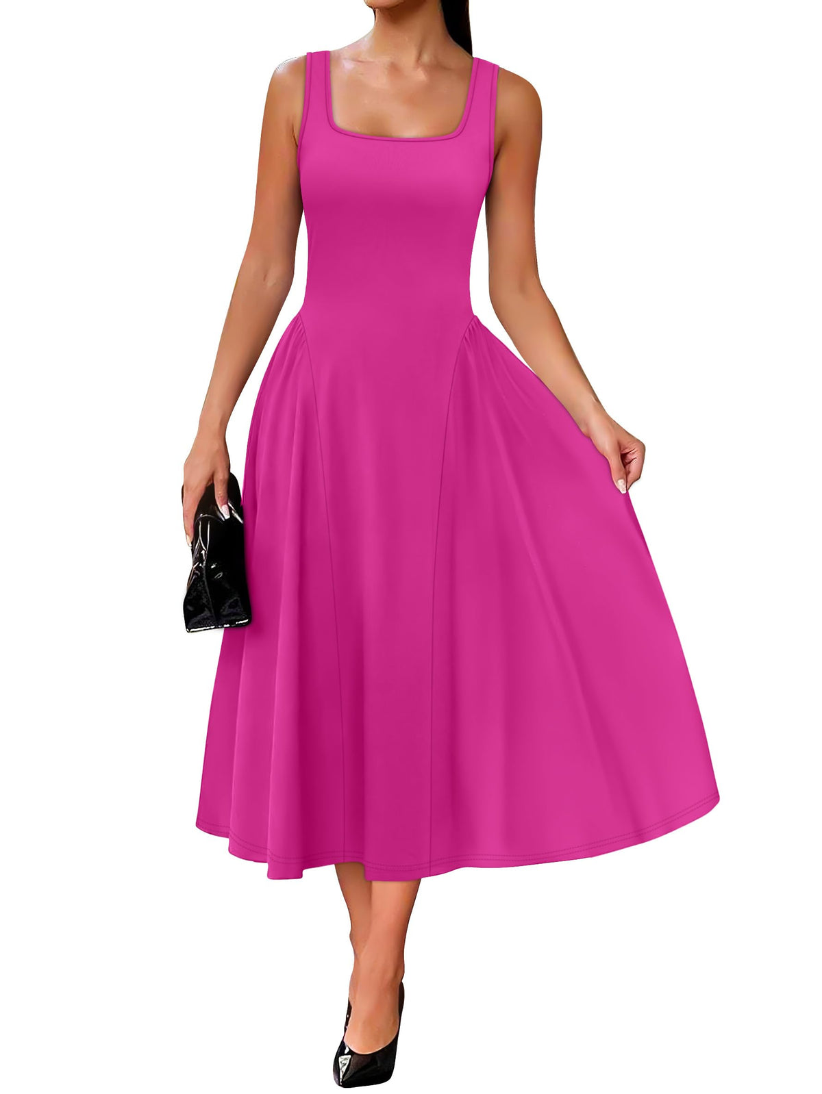 OFEEFAN Summer Dresses for Women Square Neck Corset A Line Maxi Dress Ruffle Ruched Waist Flowy Outfits