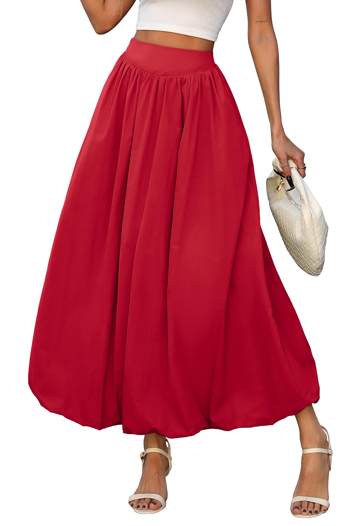 ELLEVEN Women's Bubble Maxi Skirt, Elastic Waist Puffy Hem A-Line Skirts