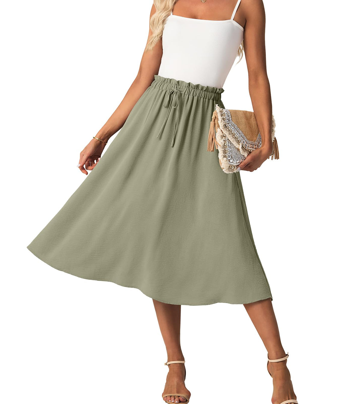 FREEOAK High Waist Skirts for Women Below Knee Casual Flowy Summer Midi Skirts Palazzo A-Line Long Skirt with Pockets