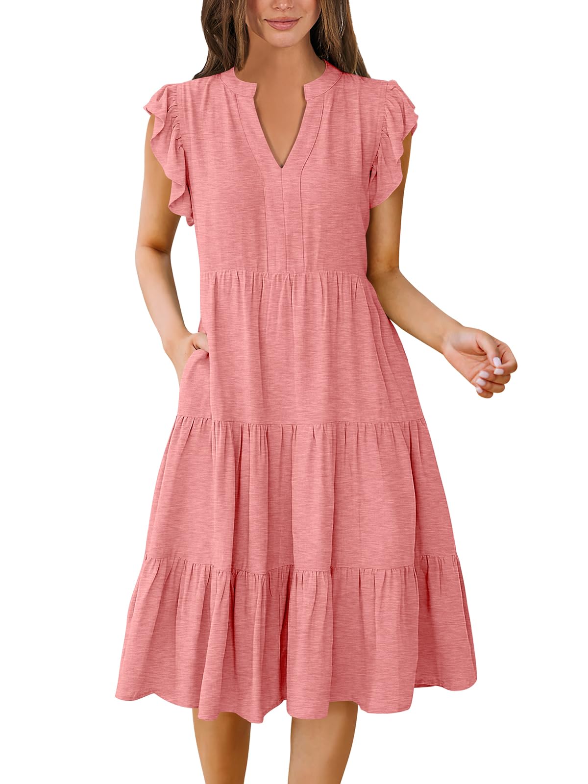 ANRABESS Womens Summer Dress Ruffle Sleeve V Neck Midi Dresses