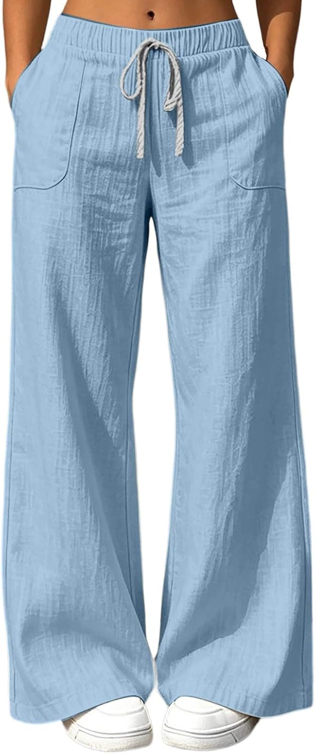 High Waisted Linen Pants Women Elastic Waist Wide Leg Flowy Lounge Pants Drawstring Palazzo Pant with Pockets