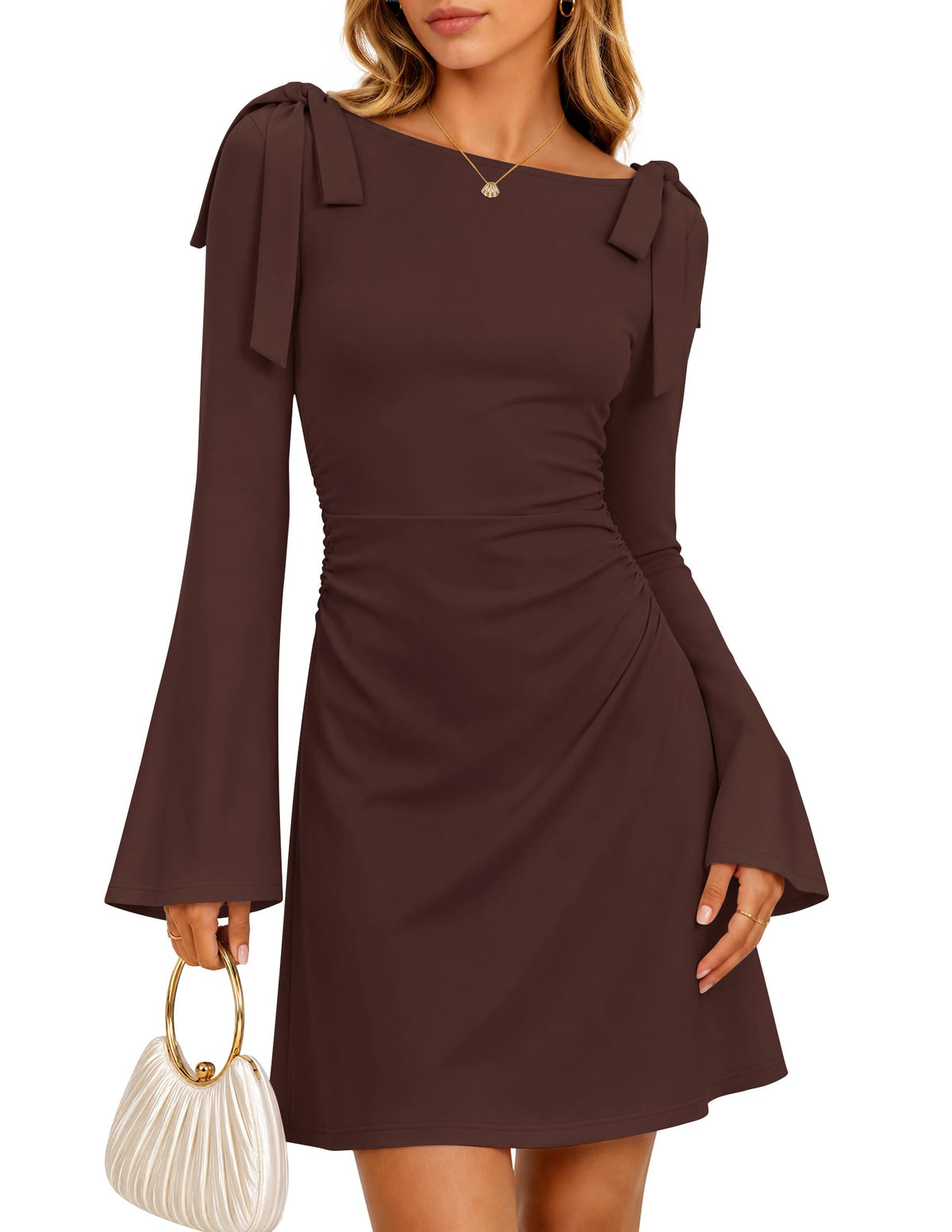 ZESICA Womens Fall Long Sleeve Tie Shoulder Ruched Bodycon Mini Dresses
