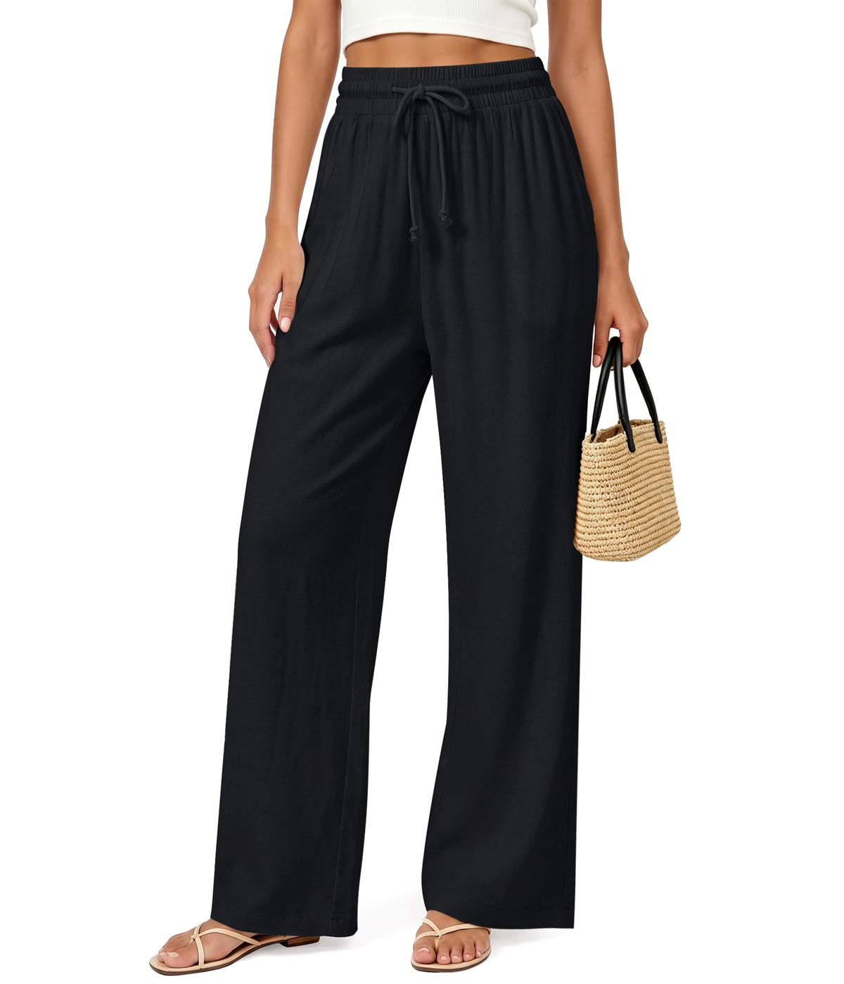Womens Linen Pants Flowy Wide Leg Casual Drawstring Trousers with Pockets
