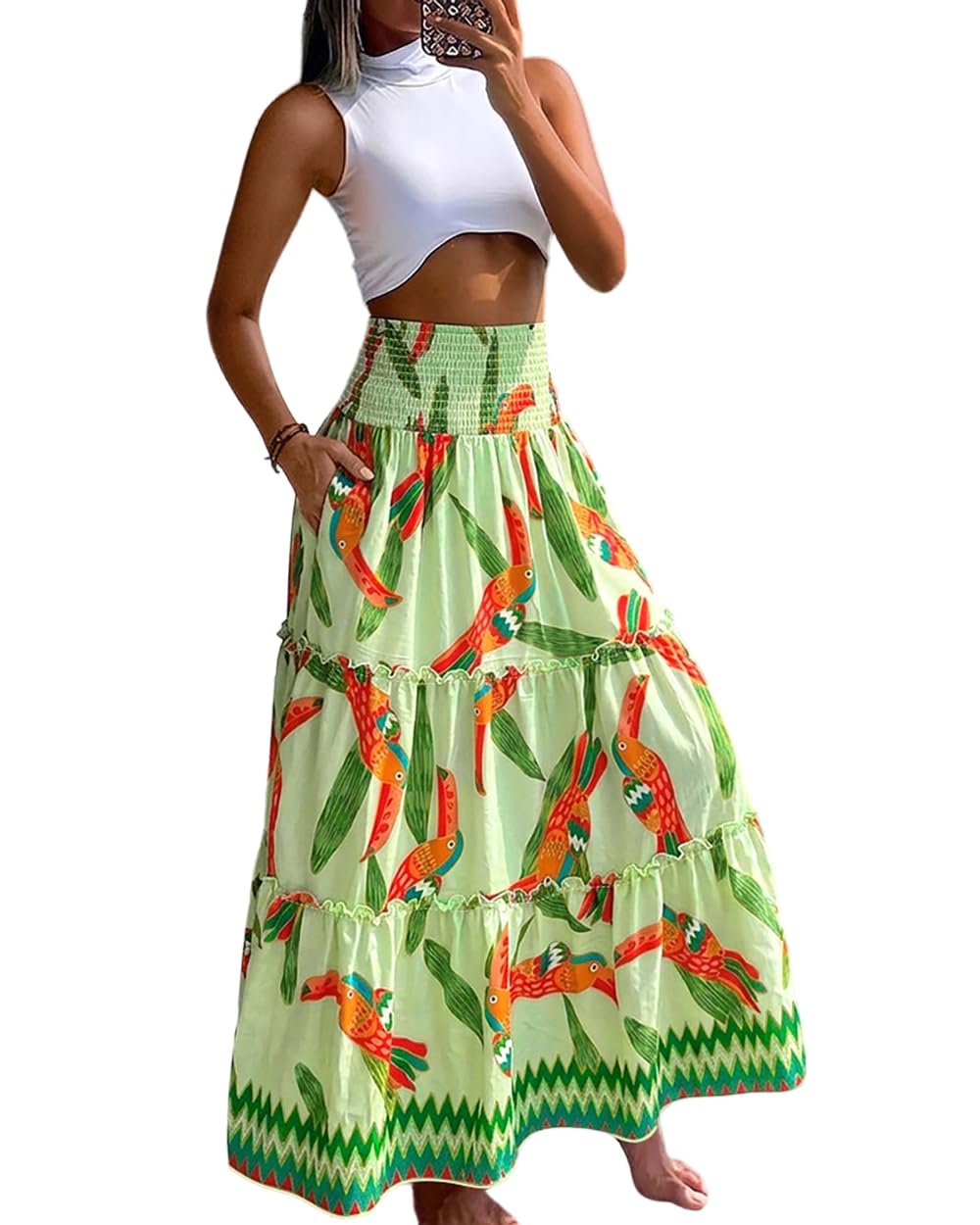 CHICME Women's Boho Floral Summer Maxi Skirt with Pockets Vacation Outfit