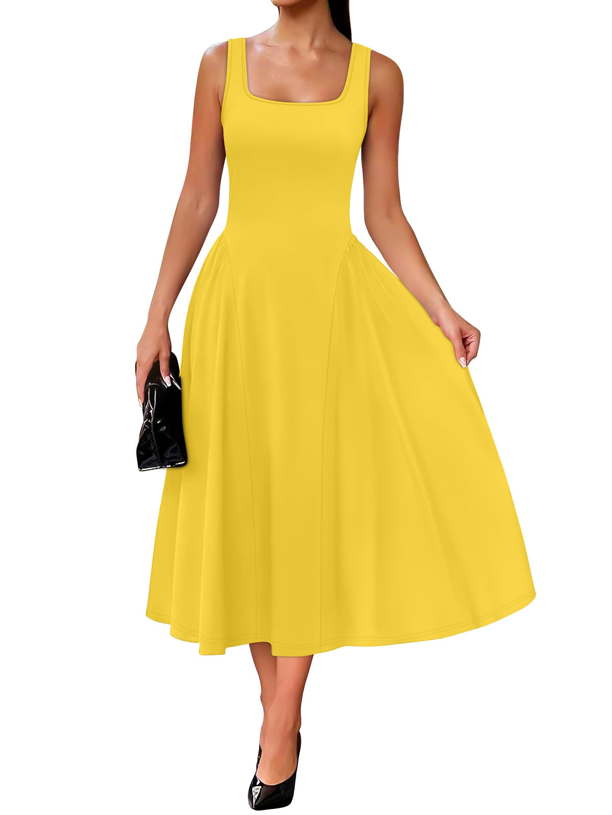 OFEEFAN Summer Dresses for Women Square Neck Corset A Line Maxi Dress Ruffle Ruched Waist Flowy Outfits