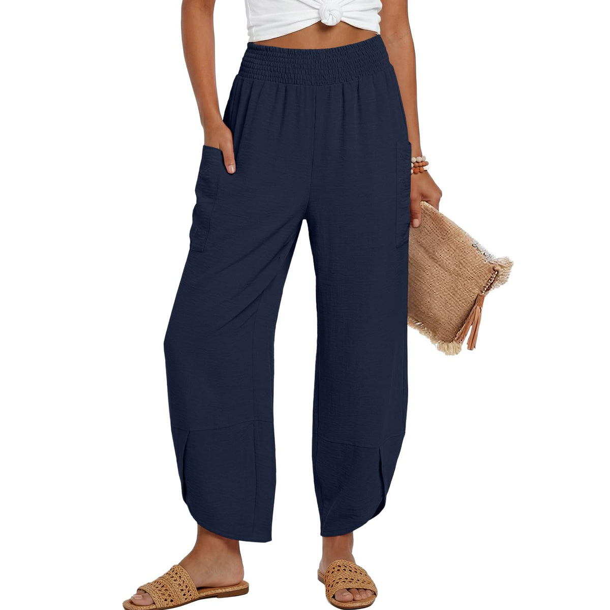 Lepunuo Womens Wide Leg Pants Palazzo High Waisted Smocked Trousers Summer Beach Casual Travel Pants 2026 with Pockets