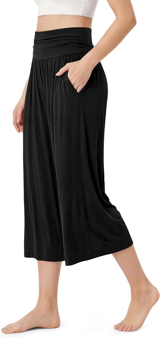 ODODOS Women's Wide Leg Palazzo Lounge Cropped Pants with Pockets Light Weight Comfy Pajama Capri Pants-20/22"/ 24" Inseam