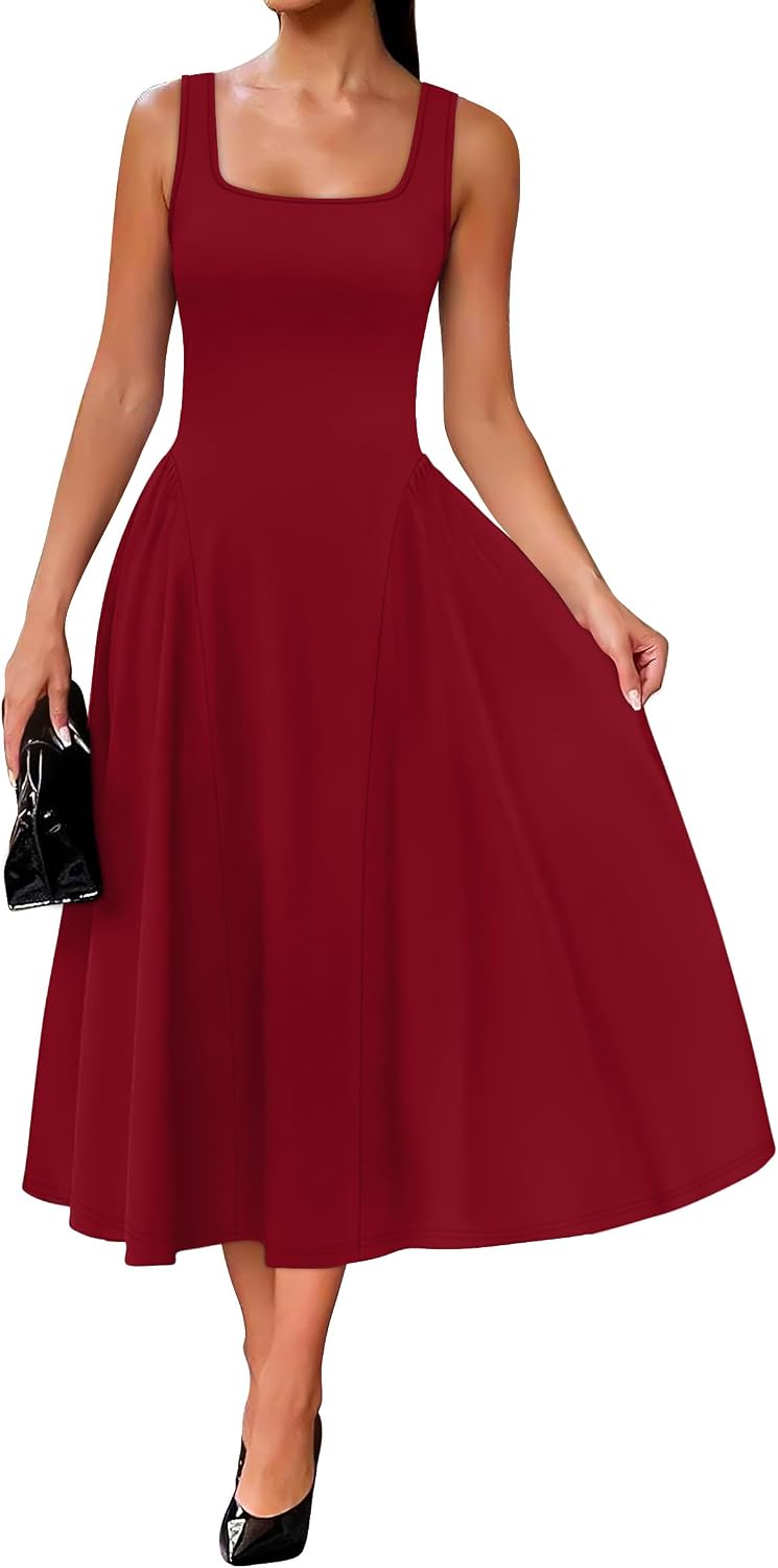 OFEEFAN Summer Dresses for Women Square Neck Corset A Line Maxi Dress Ruffle Ruched Waist Flowy Outfits
