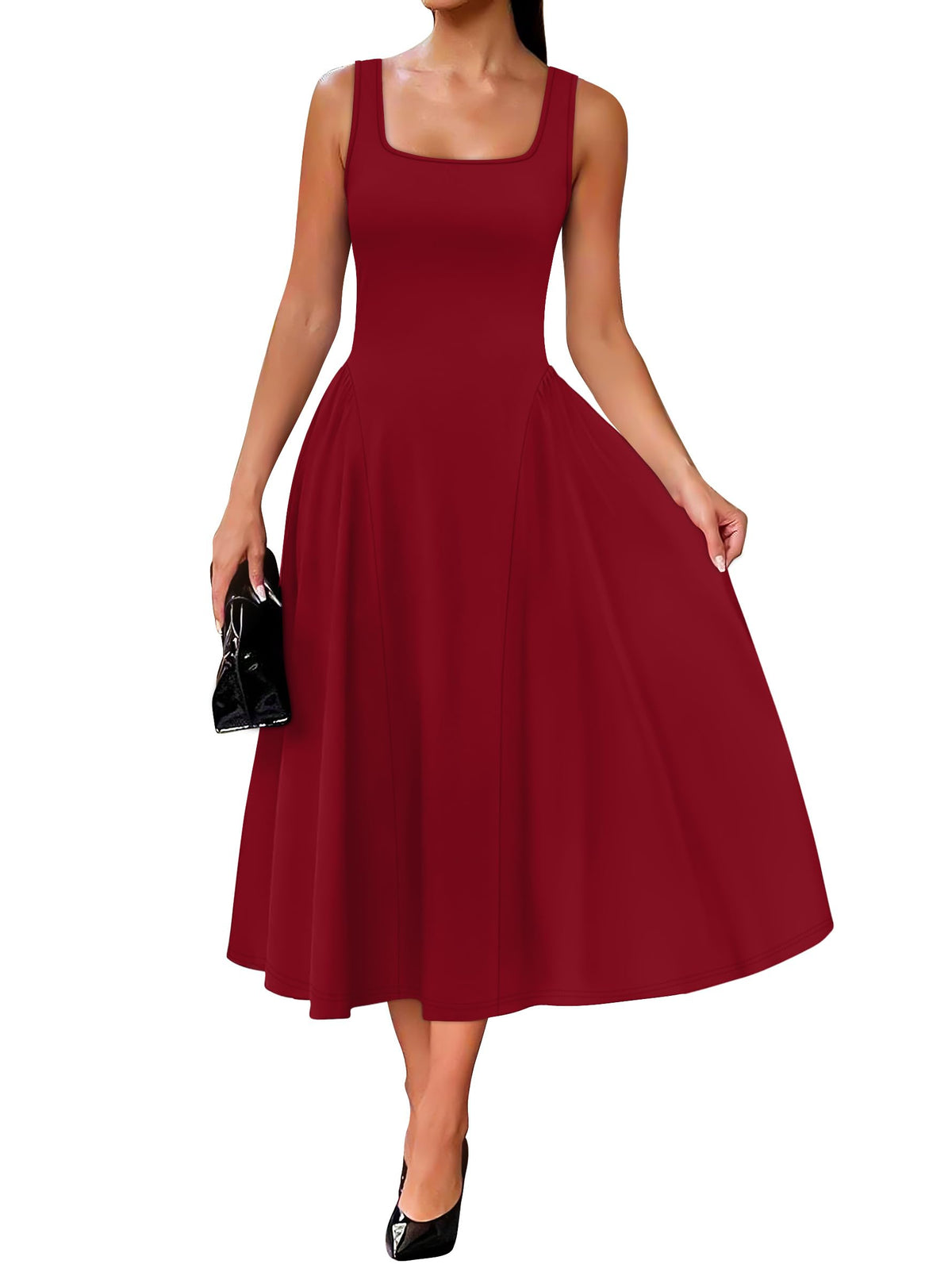 OFEEFAN Summer Dresses for Women Square Neck Corset A Line Maxi Dress Ruffle Ruched Waist Flowy Outfits