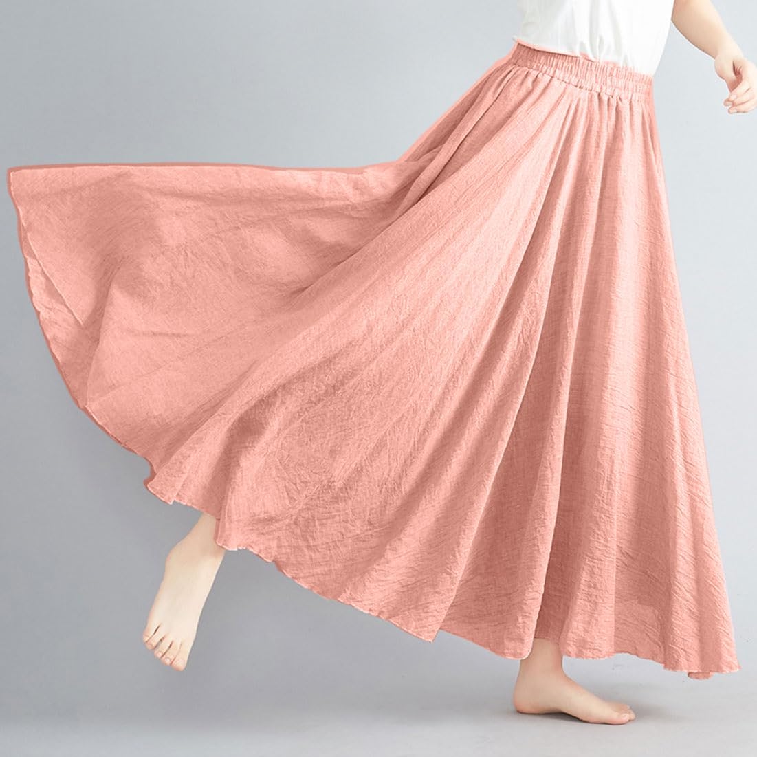 Women Bohemian Style Elastic Waist Band Cotton Linen Long Maxi Skirt Dress
