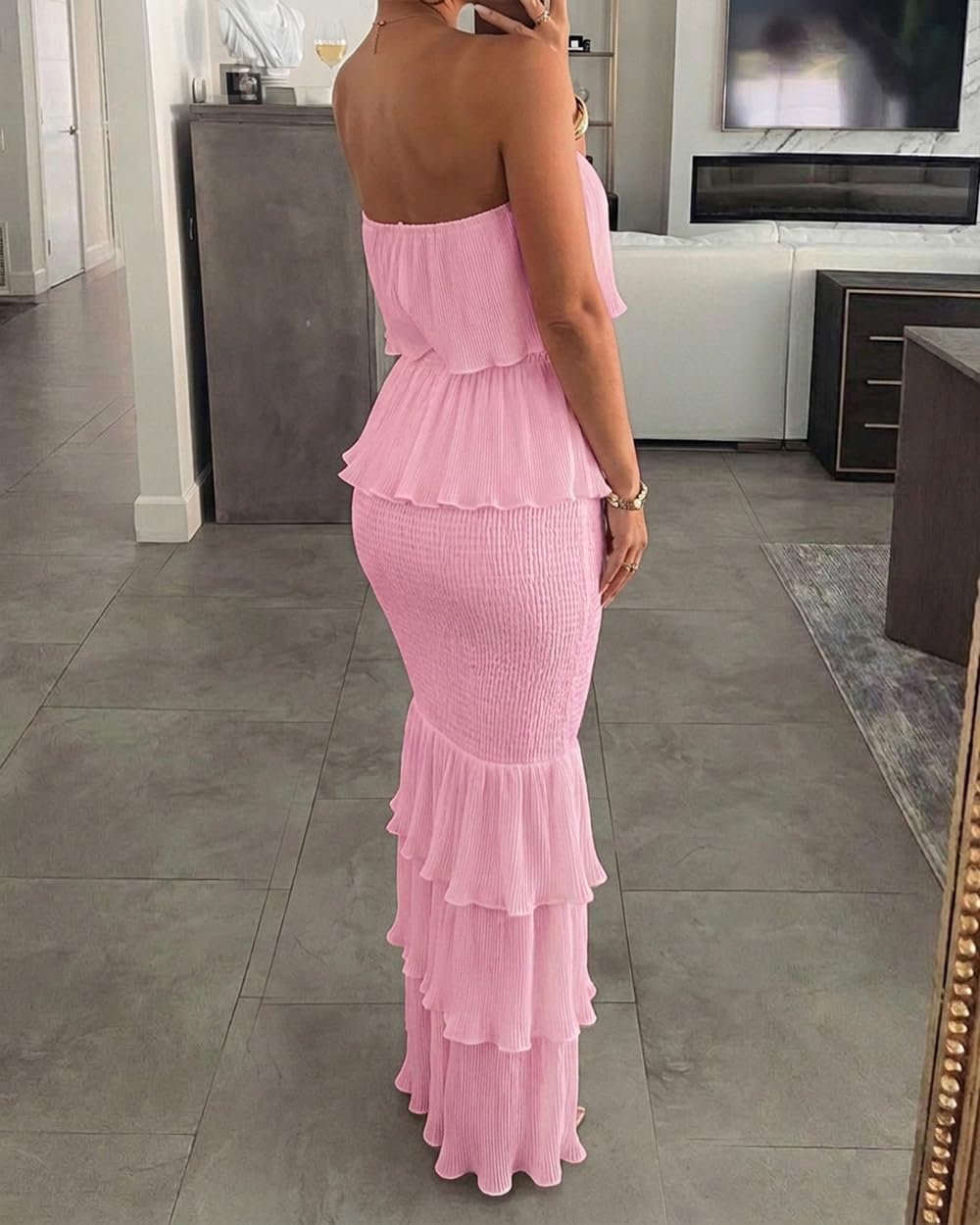 CHICME Womens Strapless Maxi Dress Shirred Tiered Ruffle Bodycon Dress