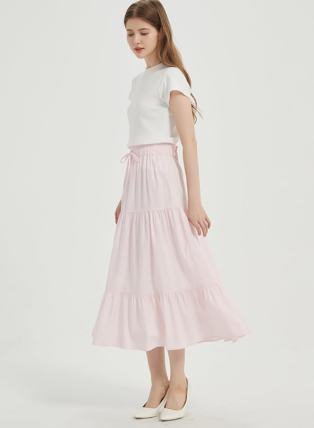 Tronjori Womens A Line Long Midi Denim Skirt Tired Layers with Drawstring