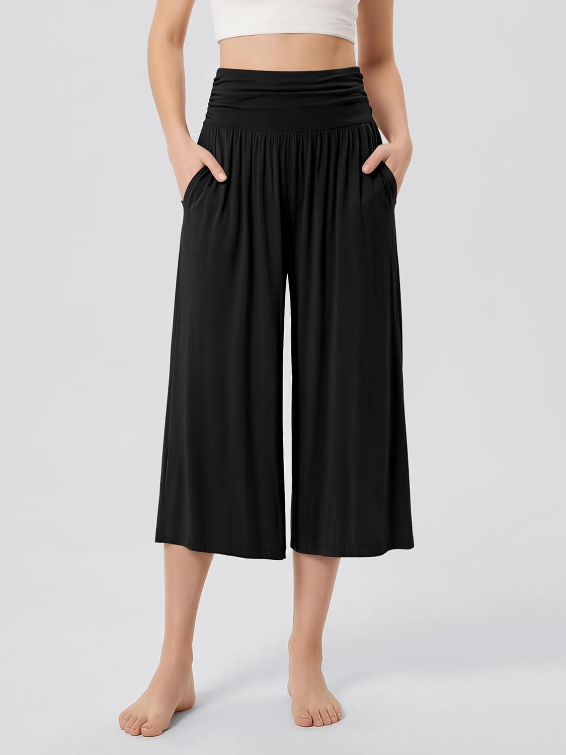ODODOS Women's Wide Leg Palazzo Lounge Cropped Pants with Pockets Light Weight Comfy Pajama Capri Pants-20/22"/ 24" Inseam